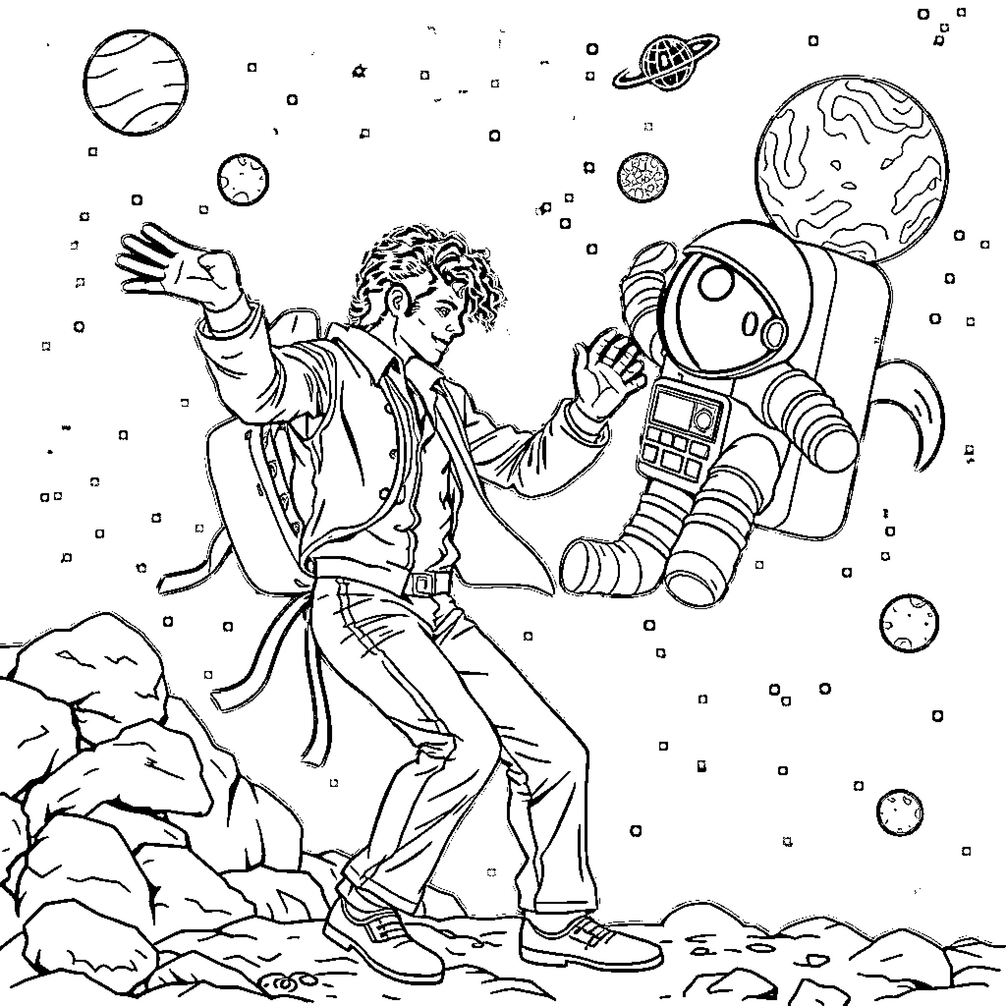 Michael Jackson's Interstellar Dance Party Coloring Page (free black-and-white line drawing printable PDF for all, from beginners to advanced learners, including children, teens, adults, and seniors)