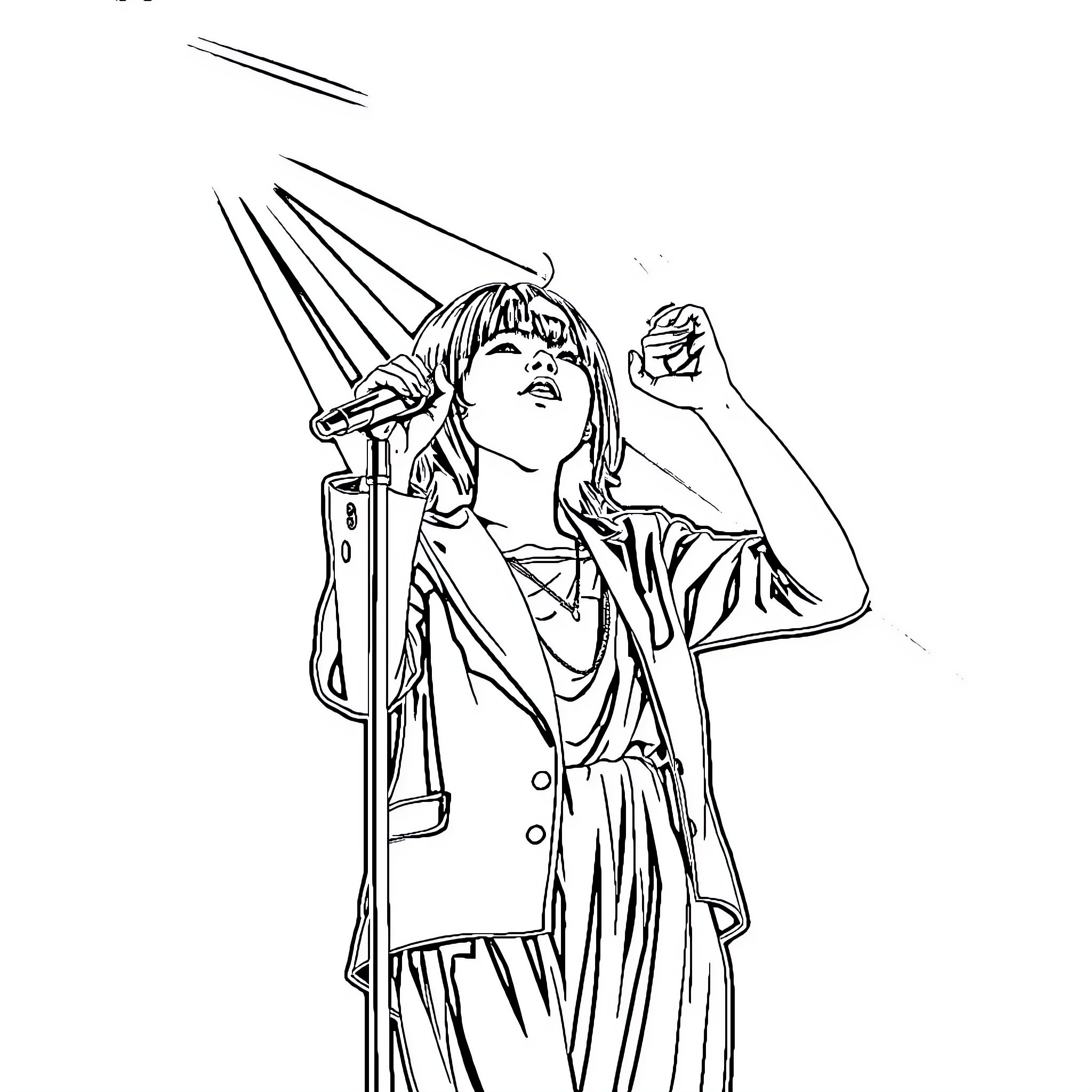 Cha Eun Woo performing on stage with microphone Coloring Page (free black-and-white line drawing printable PDF for all, from beginners to advanced learners, including children, teens, adults, and seniors)