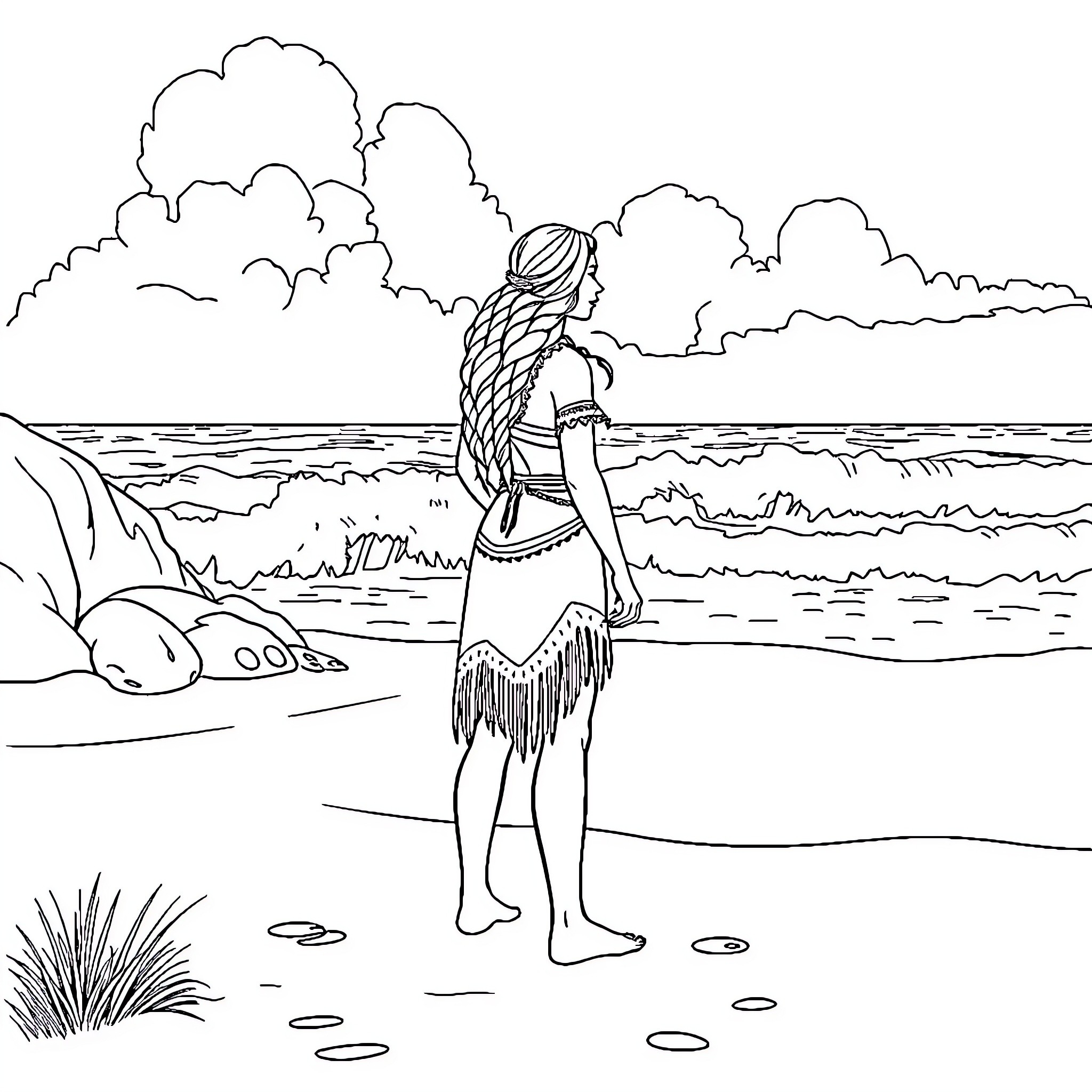 Pocahontas standing by the ocean shore Coloring Page (free black-and-white line drawing printable PDF for all, from beginners to advanced learners, including children, teens, adults, and seniors)