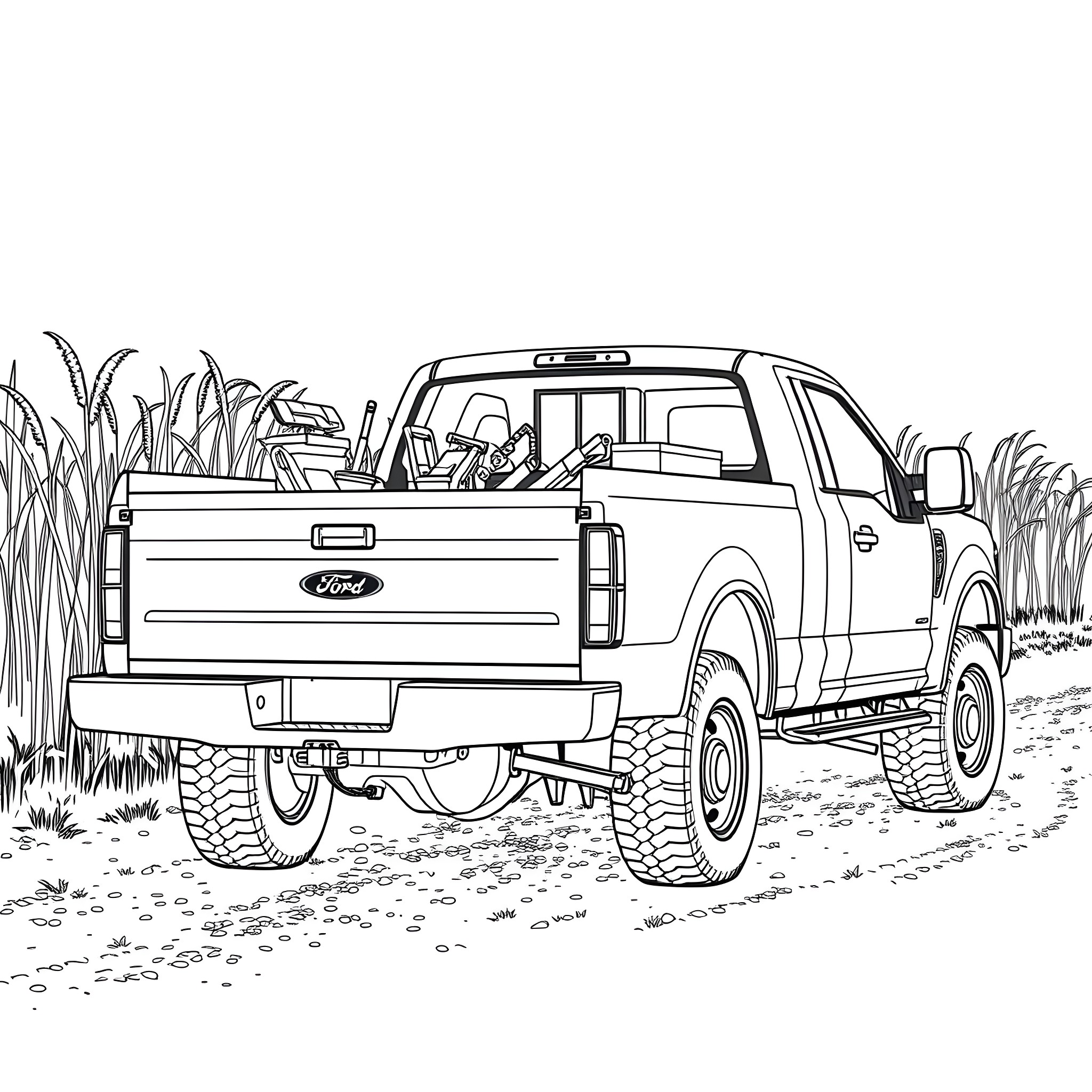Ford truck off-roading through the countryside Coloring Page (free black-and-white line drawing printable PDF for all, from beginners to advanced learners, including children, teens, adults, and seniors)