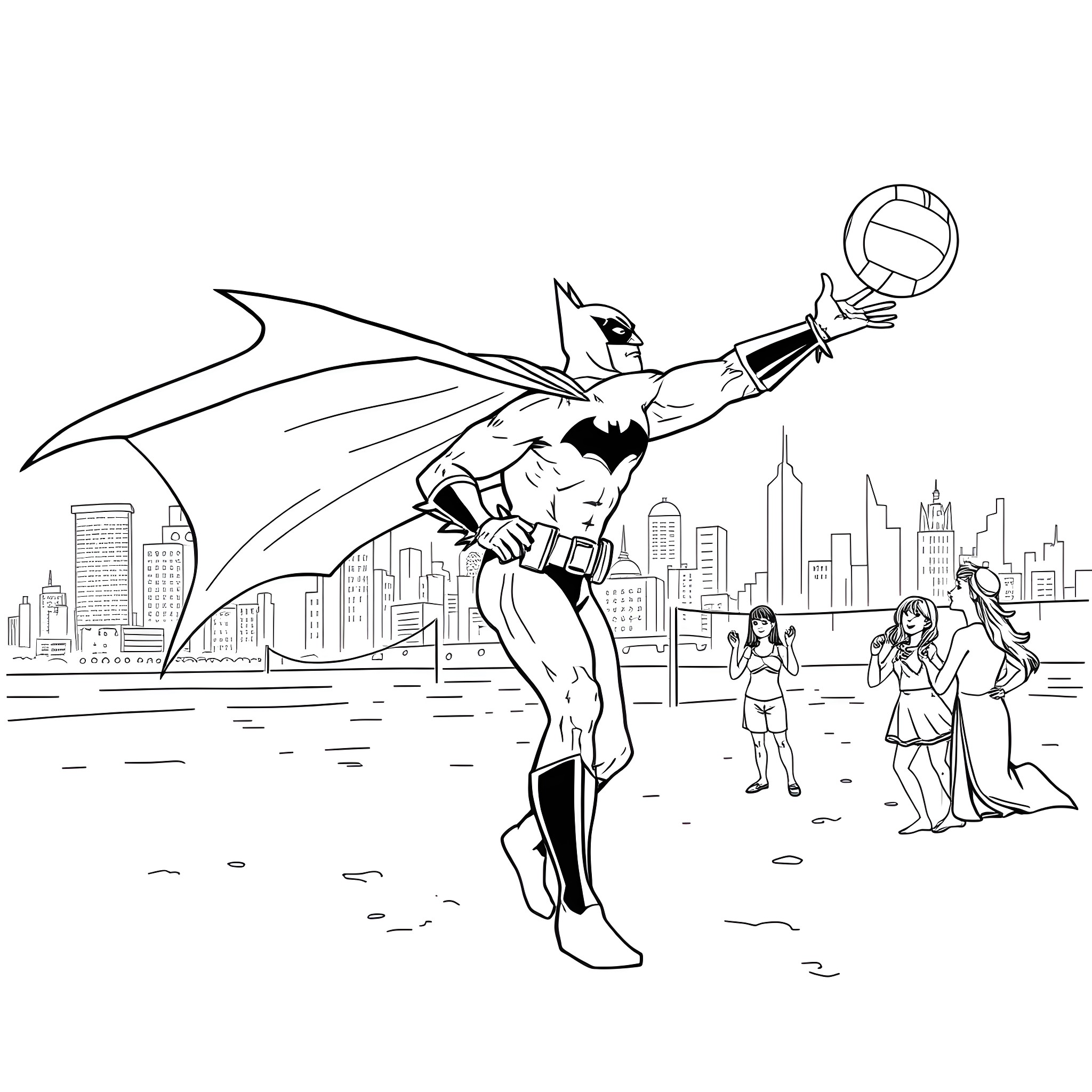 Batman protecting the city with heroic poses Coloring Page (free black-and-white line drawing printable PDF for all, from beginners to advanced learners, including children, teens, adults, and seniors)