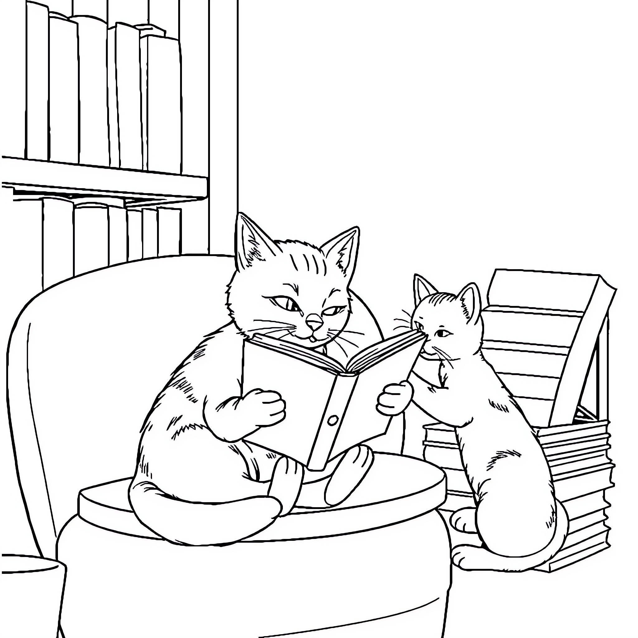 Gato reading books with a feline friend Coloring Page (free black-and-white line drawing printable PDF for all, from beginners to advanced learners, including children, teens, adults, and seniors)