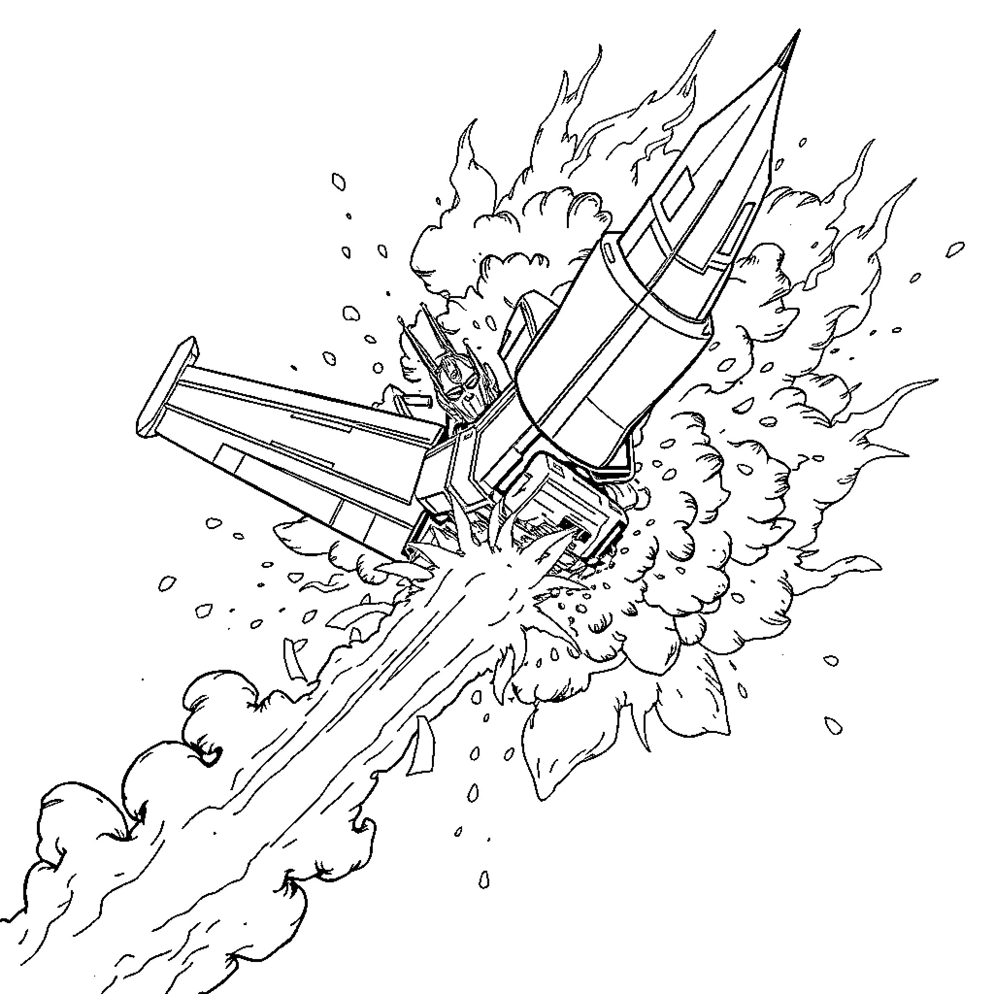 Starscream's Explosive Aerial Maneuvers Coloring Page (free black-and-white line drawing printable PDF for all, from beginners to advanced learners, including children, teens, adults, and seniors)