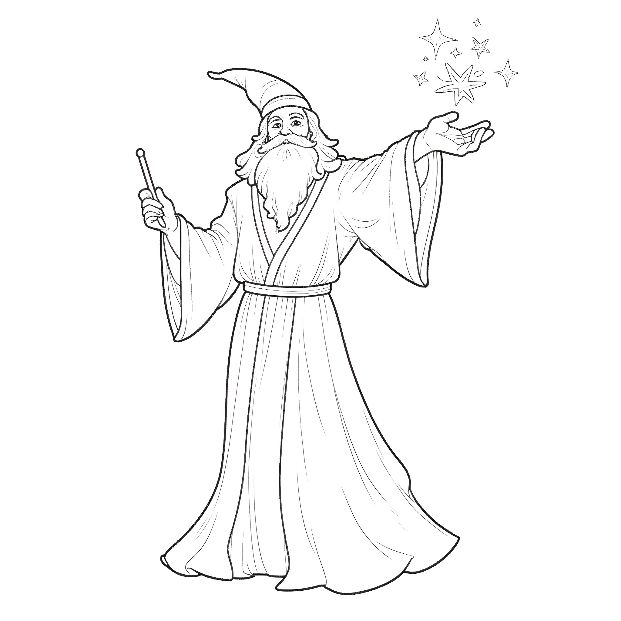 Wizard casting a magical spell with stars Coloring Page (free black-and-white line drawing printable PDF for all, from beginners to advanced learners, including children, teens, adults, and seniors)