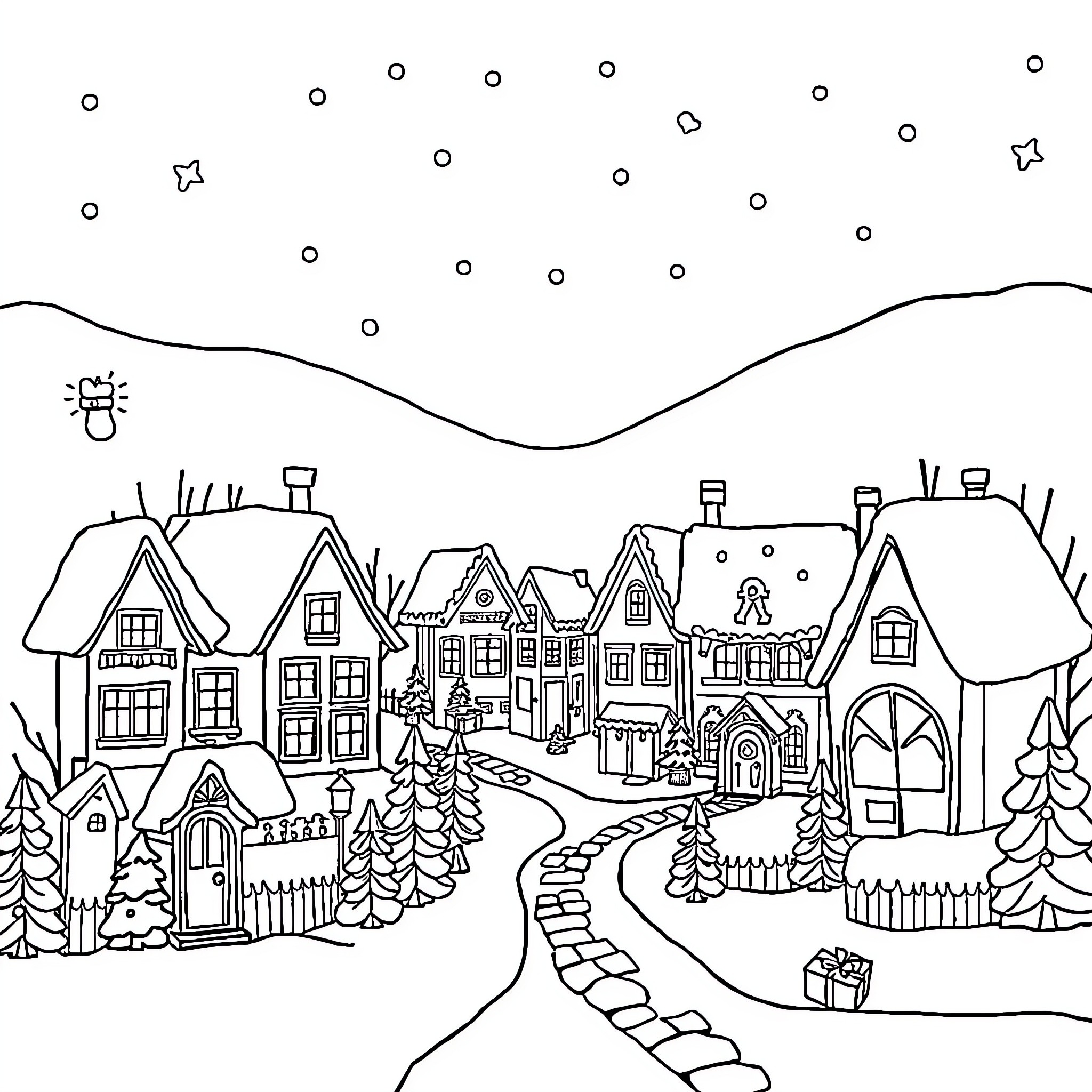 House in a Snowy Winter Wonderland Coloring Page (free black-and-white line drawing printable PDF for all, from beginners to advanced learners, including children, teens, adults, and seniors)