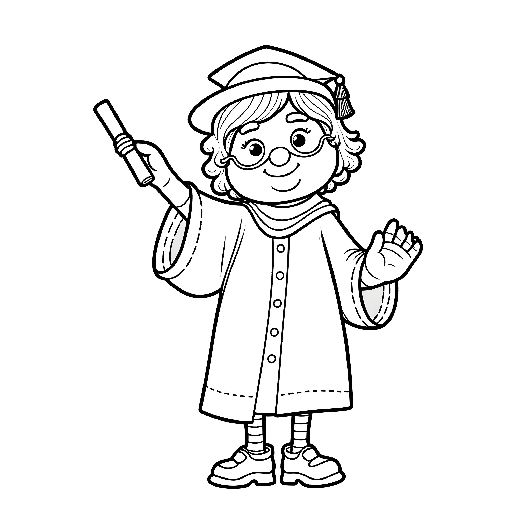 Bluey in Graduation Gown Waving Diploma Coloring Page (free black-and-white line drawing printable PDF for all, from beginners to advanced learners, including children, teens, adults, and seniors)