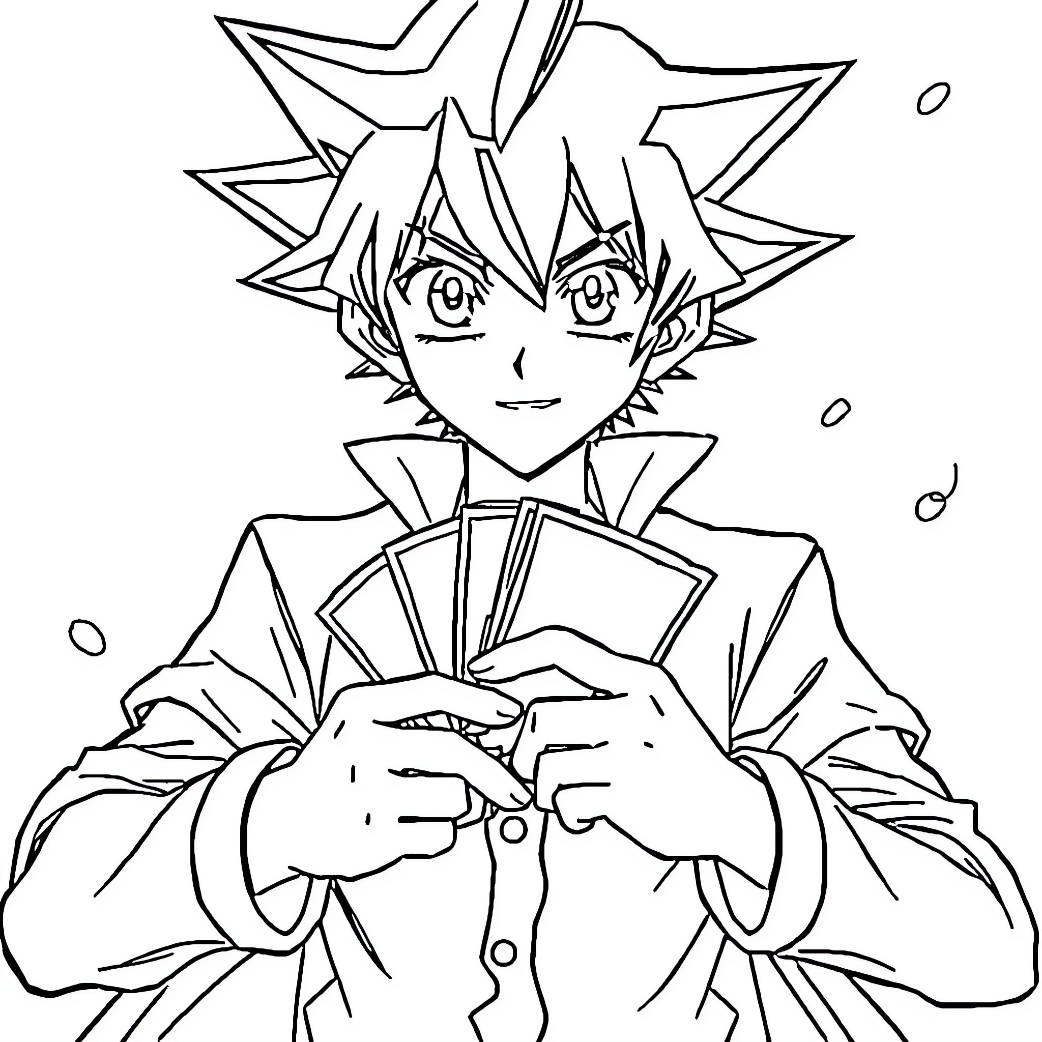 Yu-Gi-Oh Character Holding Playing Cards Coloring Page (free black-and-white line drawing printable PDF for all, from beginners to advanced learners, including children, teens, adults, and seniors)