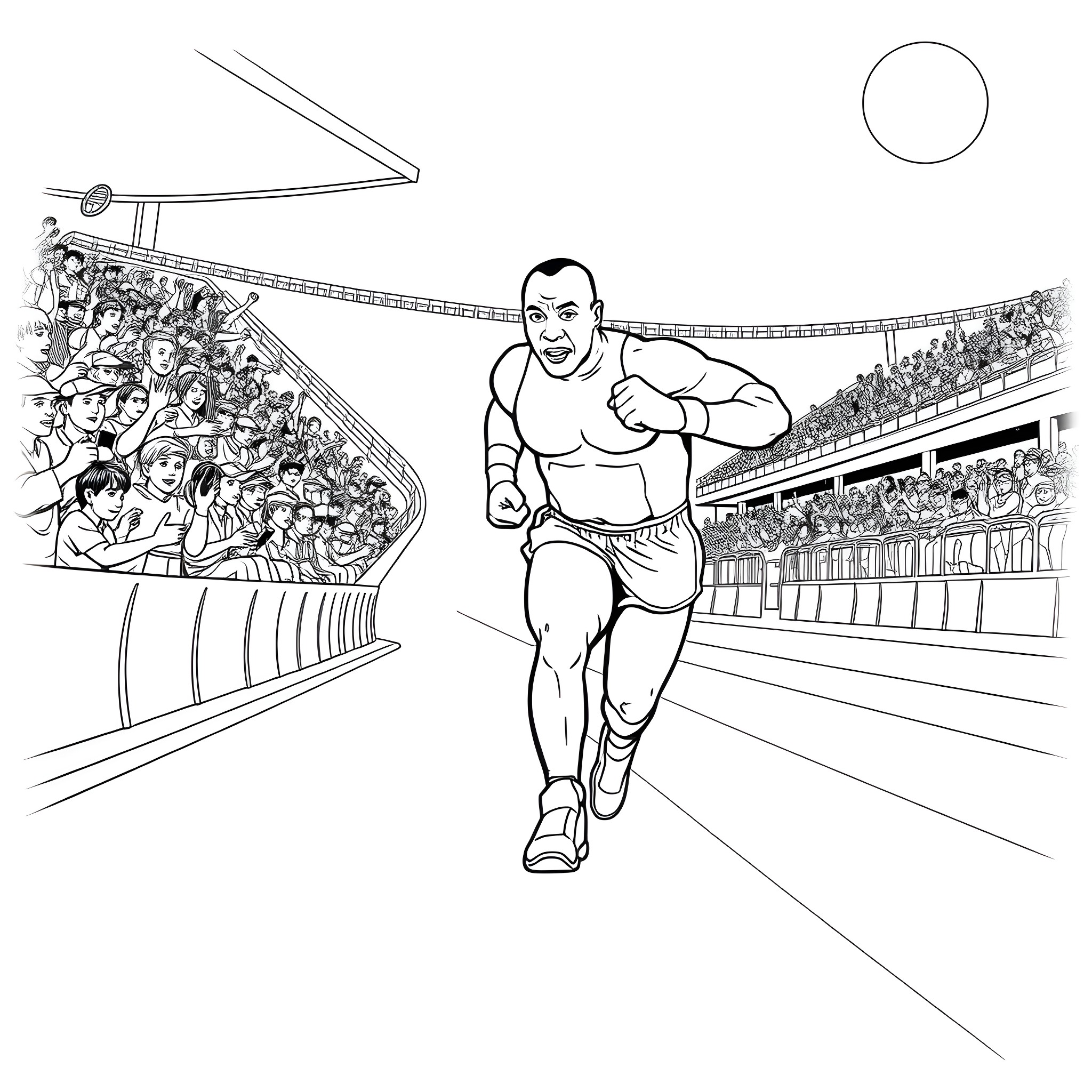 Mike Tyson boxing in a stadium Coloring Page (free black-and-white line drawing printable PDF for all, from beginners to advanced learners, including children, teens, adults, and seniors)