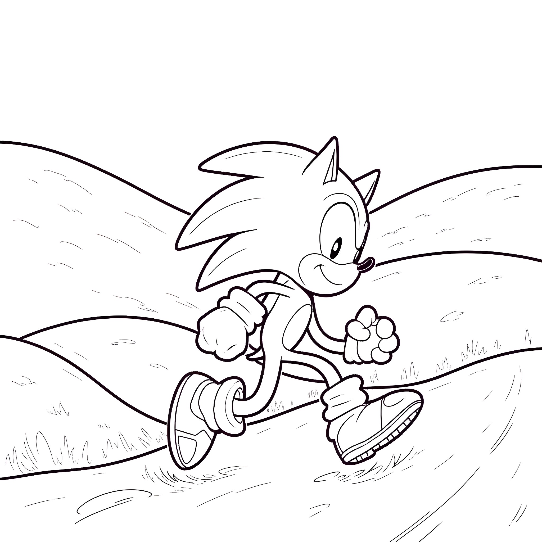 Sonic running through the countryside Coloring Page (free black-and-white line drawing printable PDF for all, from beginners to advanced learners, including children, teens, adults, and seniors)
