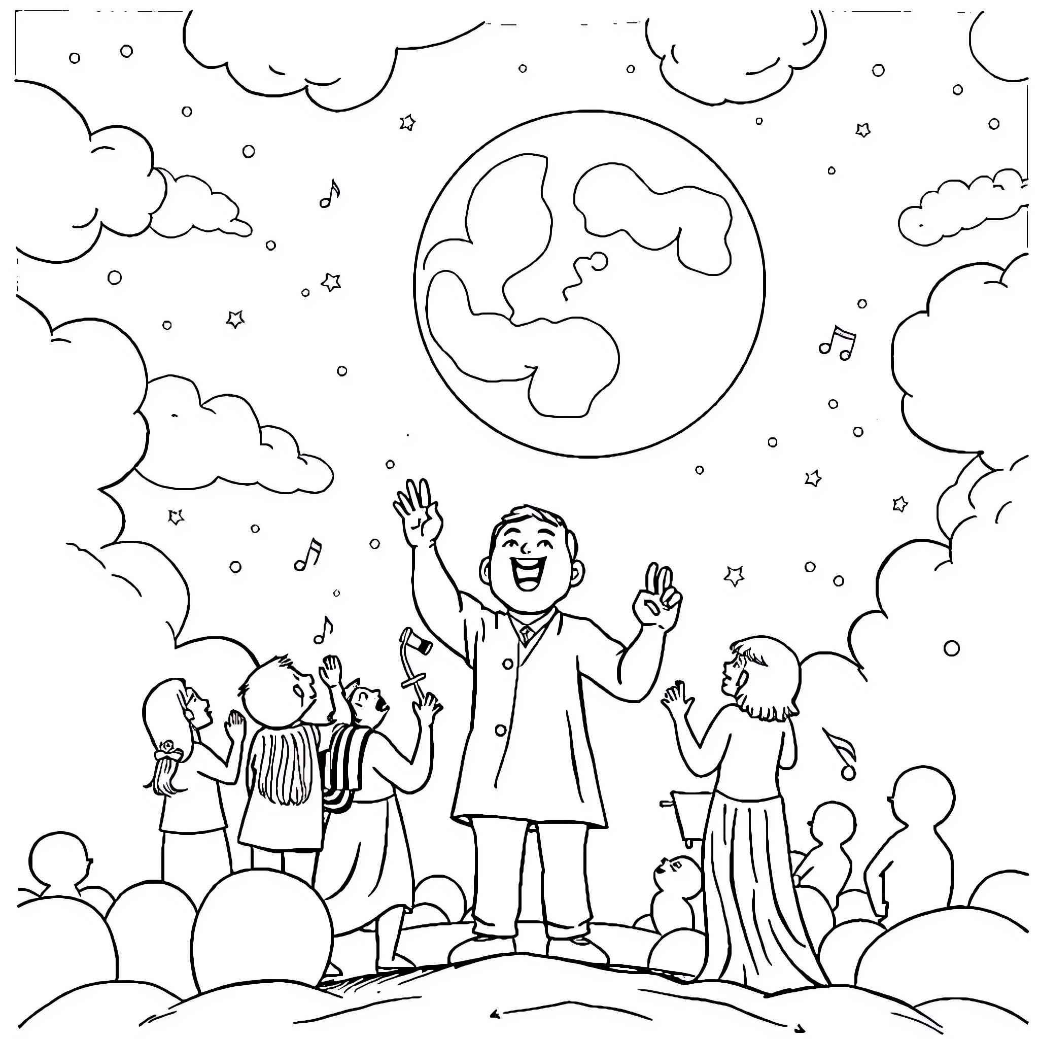Moon celebration with music and dance Coloring Page (free black-and-white line drawing printable PDF for all, from beginners to advanced learners, including children, teens, adults, and seniors)