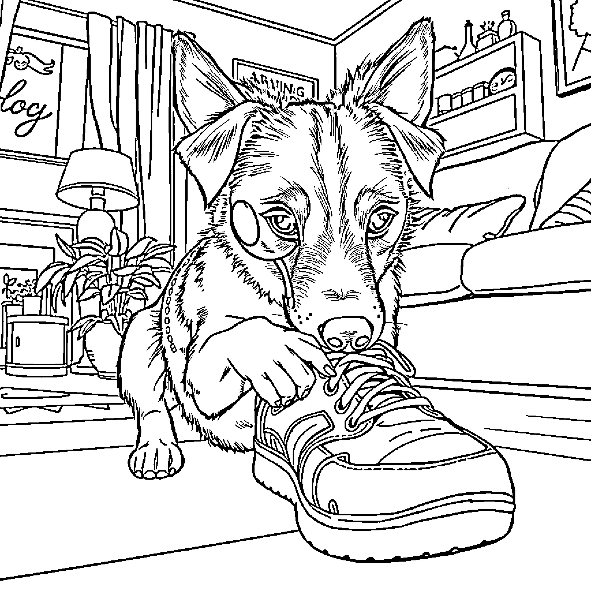 Dog chewing on a shoe in a room Coloring Page (free black-and-white line drawing printable PDF for all, from beginners to advanced learners, including children, teens, adults, and seniors)