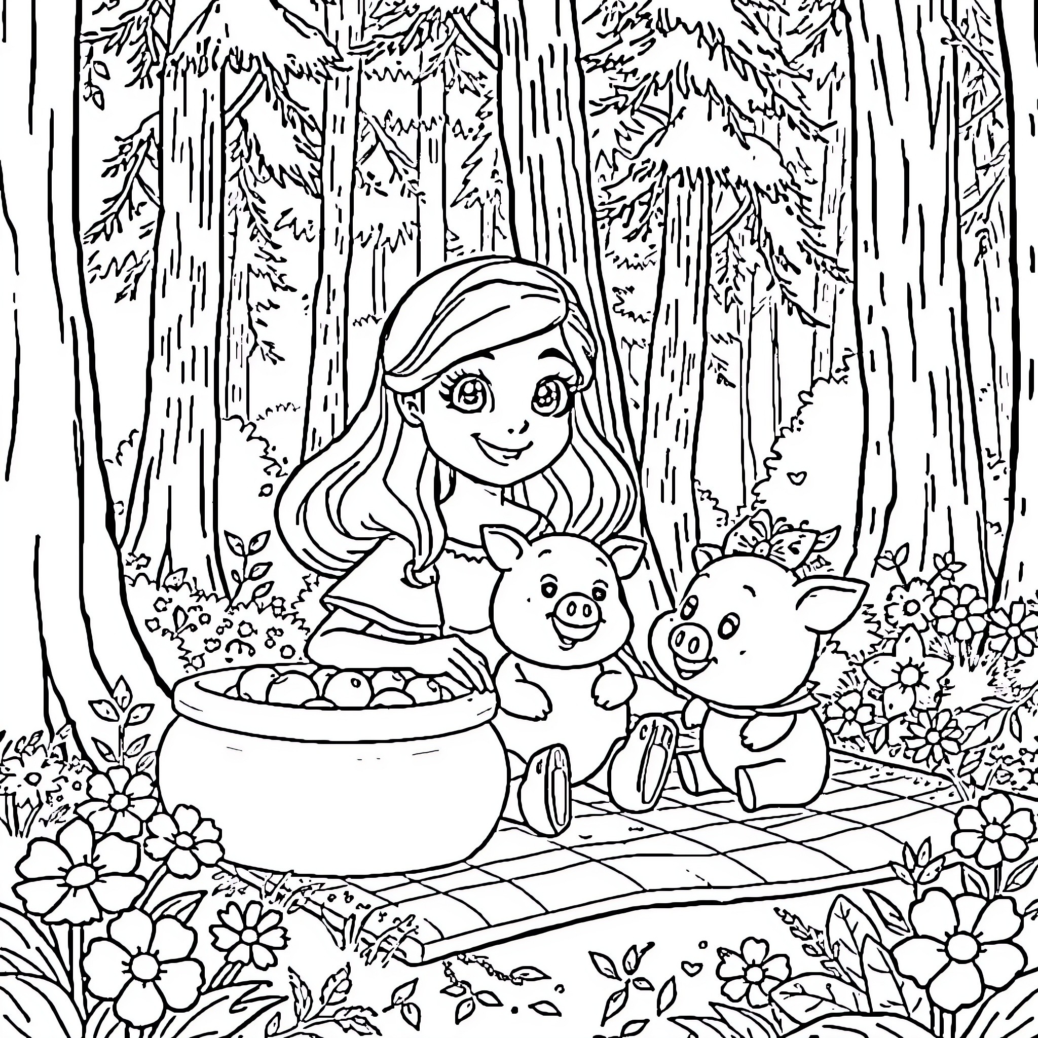 Eilonwy's Forest Picnic with Animal Friends Coloring Page (free black-and-white line drawing printable PDF for all, from beginners to advanced learners, including children, teens, adults, and seniors)