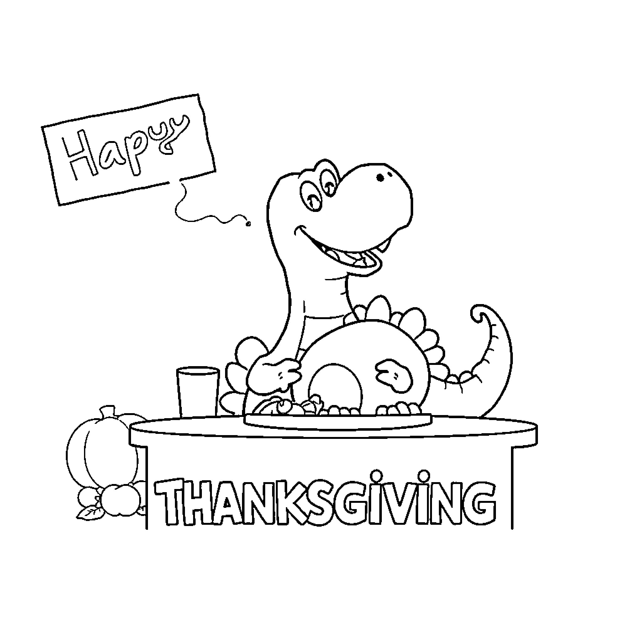 Dinosaur celebrating Thanksgiving happily Coloring Page (free black-and-white line drawing printable PDF for all, from beginners to advanced learners, including children, teens, adults, and seniors)
