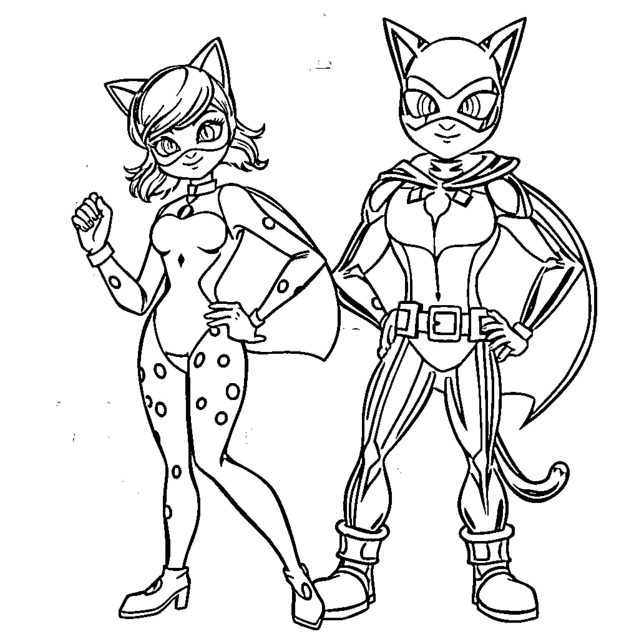 Ladybug superheroes in action poses Coloring Page (free black-and-white line drawing printable PDF for all, from beginners to advanced learners, including children, teens, adults, and seniors)