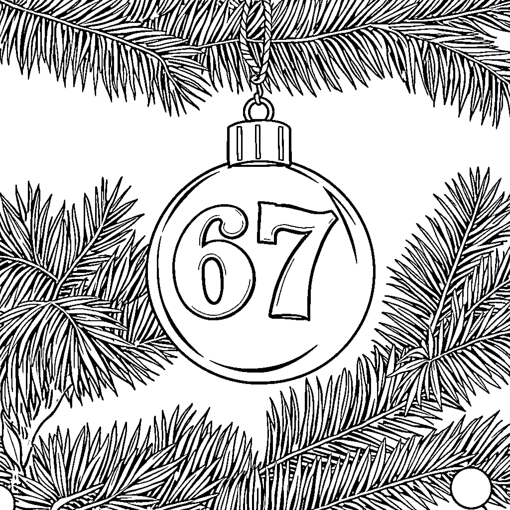 Christmas Ornament with Number 67 Displayed Coloring Page (free black-and-white line drawing printable PDF for all, from beginners to advanced learners, including children, teens, adults, and seniors)