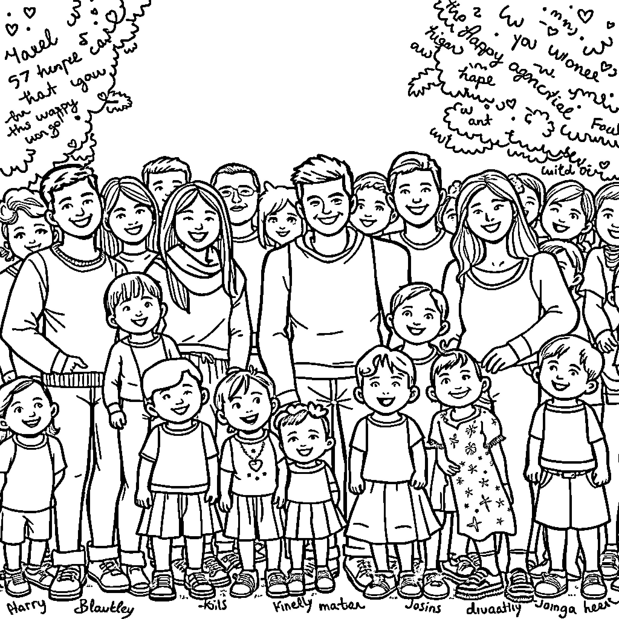Person in crowd with diverse people of all ages Coloring Page (free black-and-white line drawing printable PDF for all, from beginners to advanced learners, including children, teens, adults, and seniors)