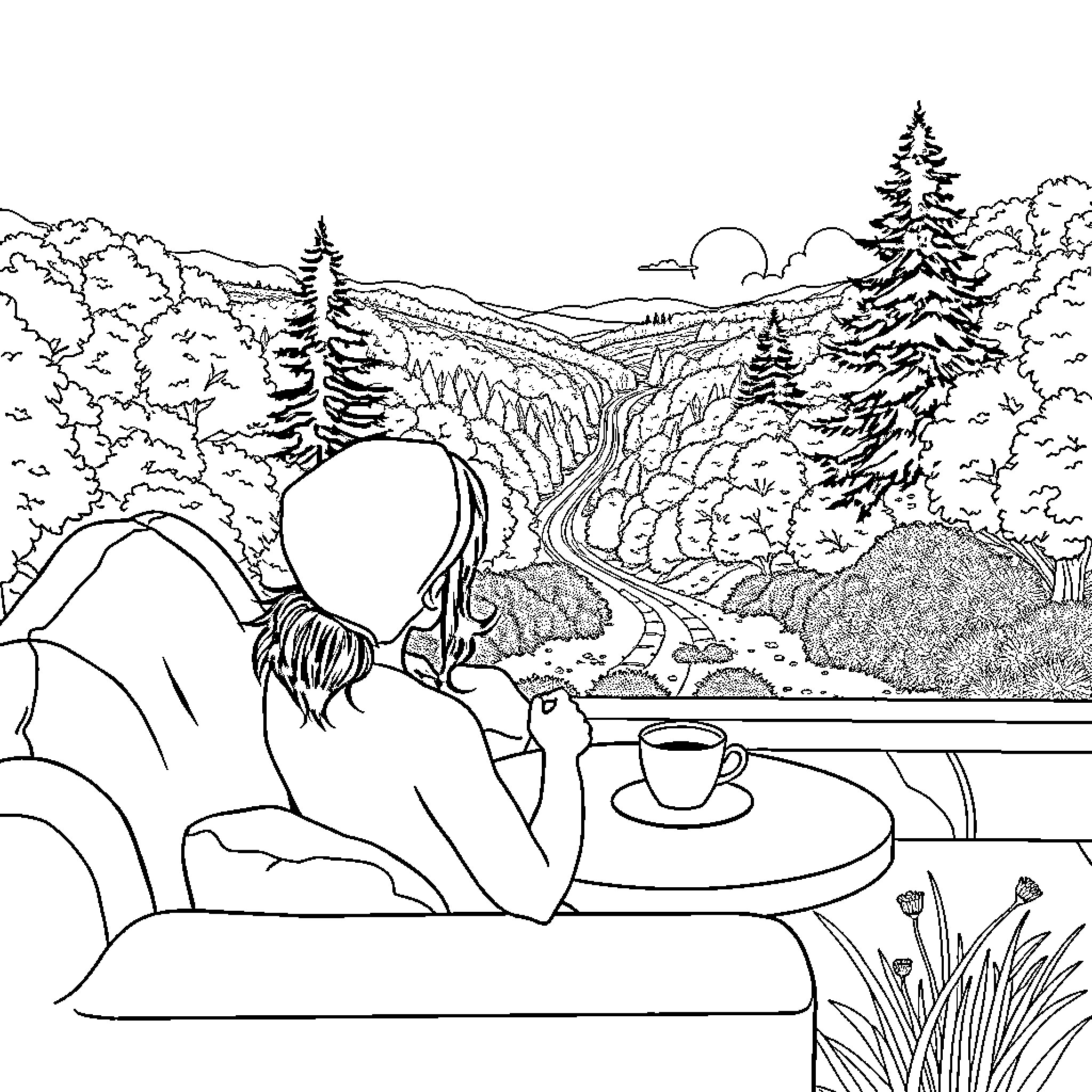 Persona Relaxing Outdoors with Scenic View Coloring Page (free black-and-white line drawing printable PDF for all, from beginners to advanced learners, including children, teens, adults, and seniors)