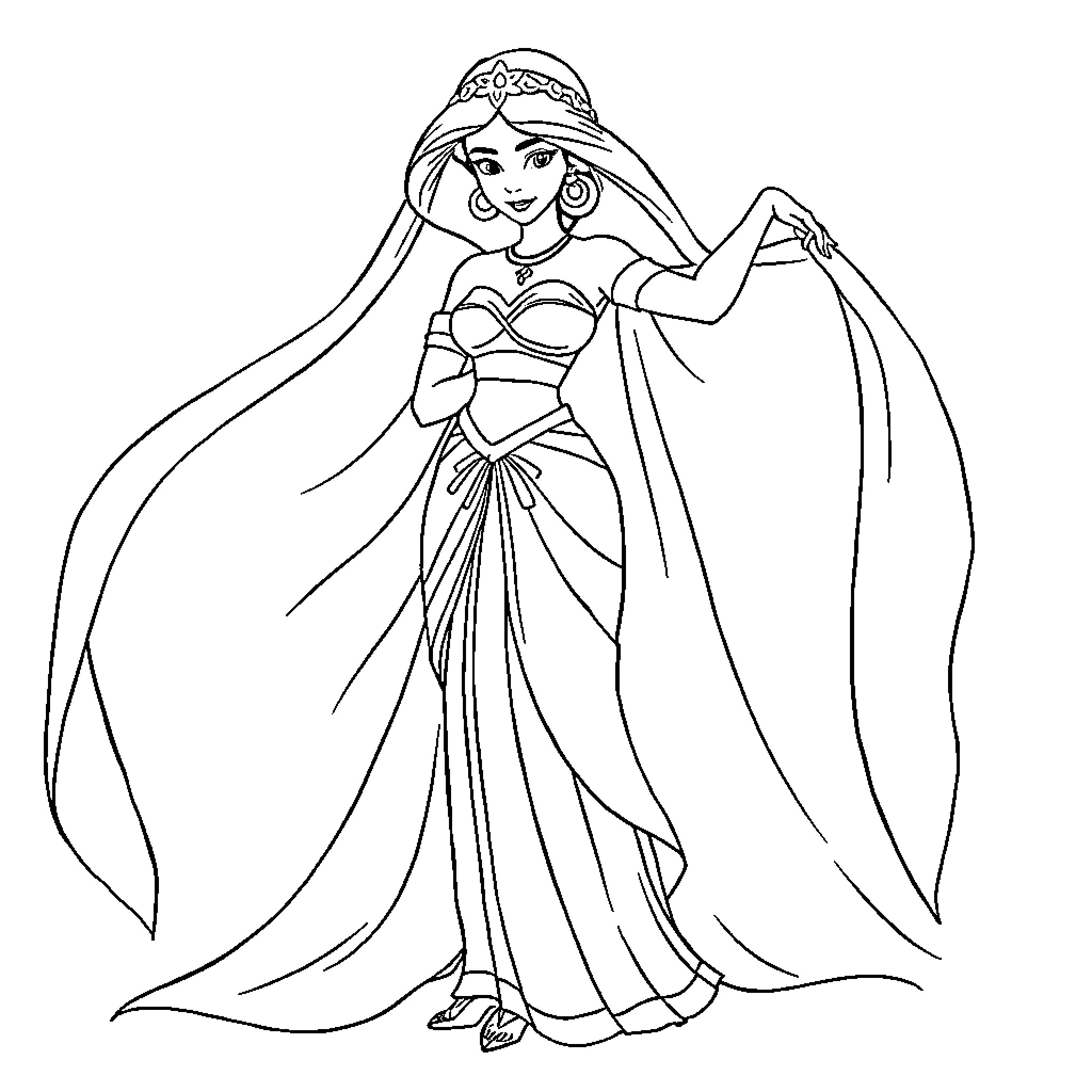 Yasmine's elegant dance in traditional attire Coloring Page (free black-and-white line drawing printable PDF for all, from beginners to advanced learners, including children, teens, adults, and seniors)