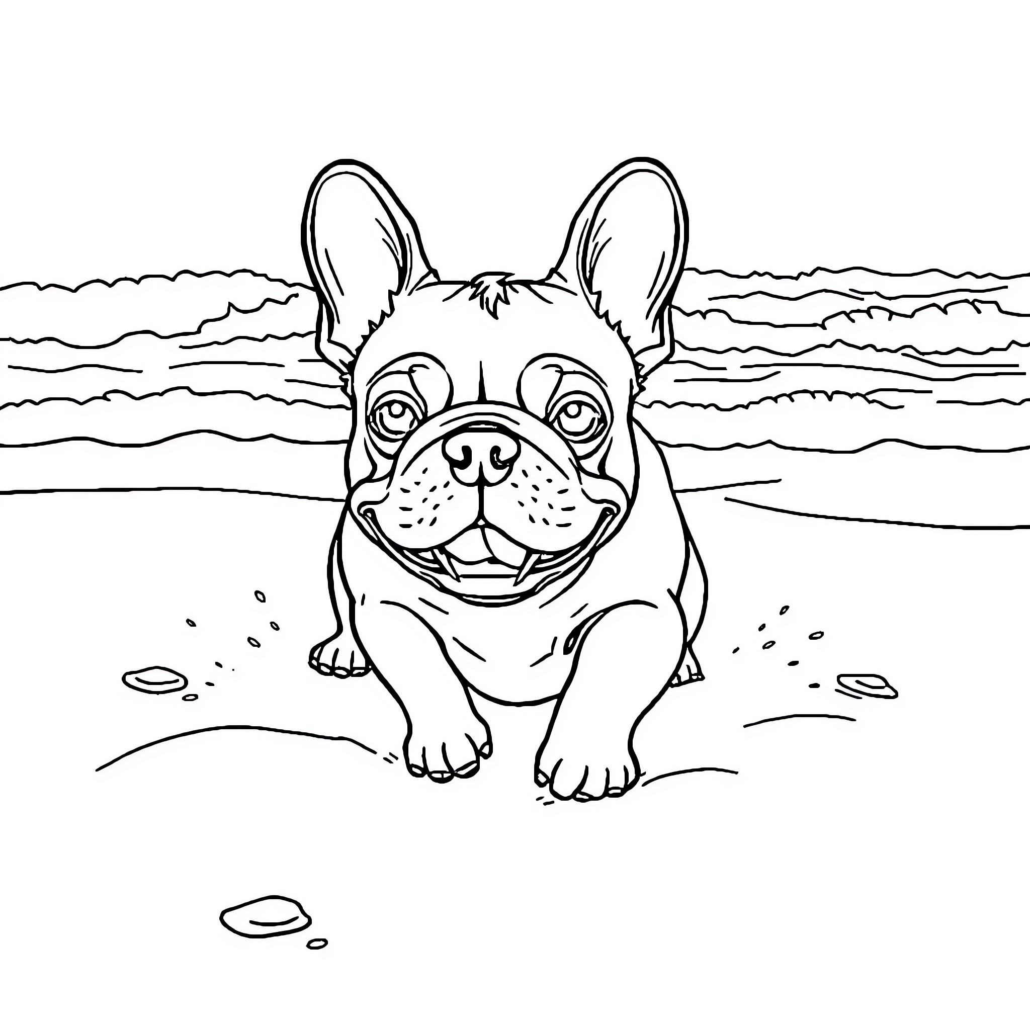French Bulldog playing happily on the beach Coloring Page (free black-and-white line drawing printable PDF for all, from beginners to advanced learners, including children, teens, adults, and seniors)