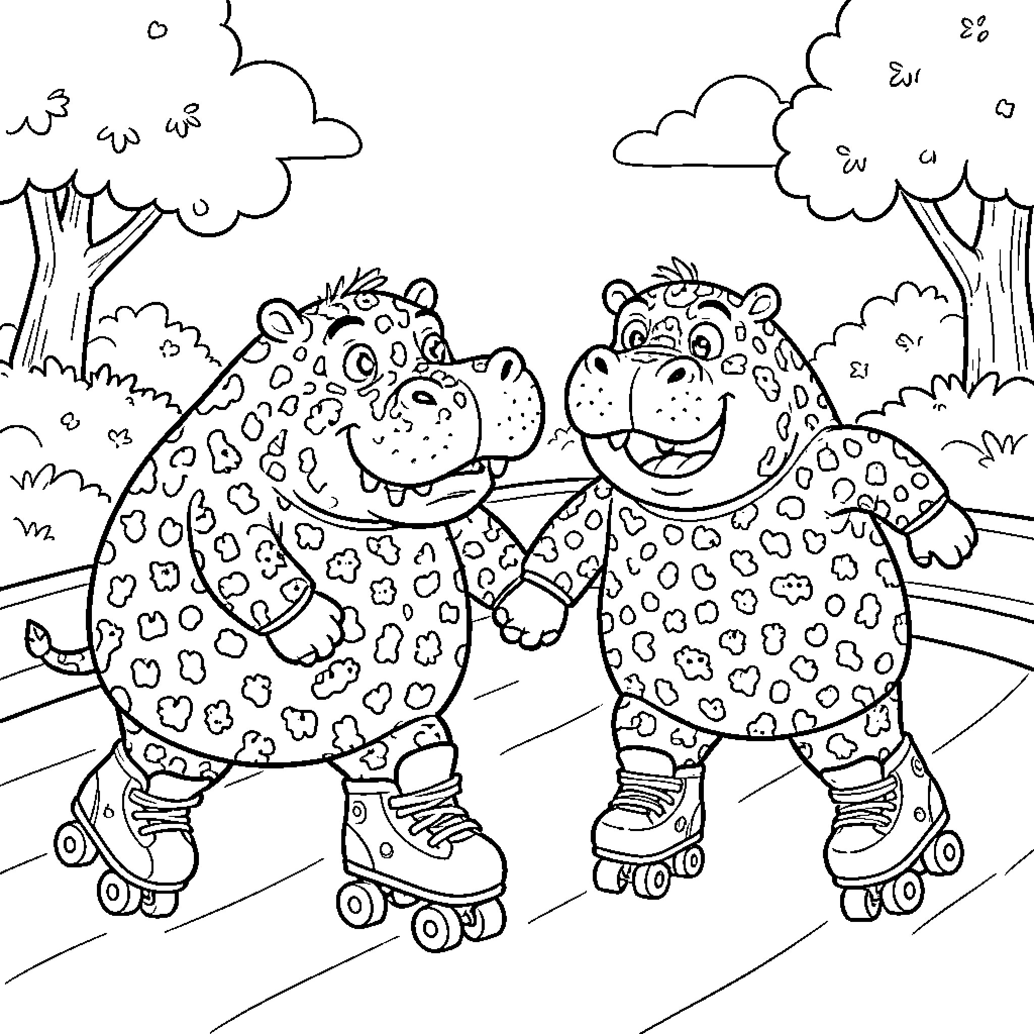 Hippo friends rollerblading in the park Coloring Page (free black-and-white line drawing printable PDF for all, from beginners to advanced learners, including children, teens, adults, and seniors)