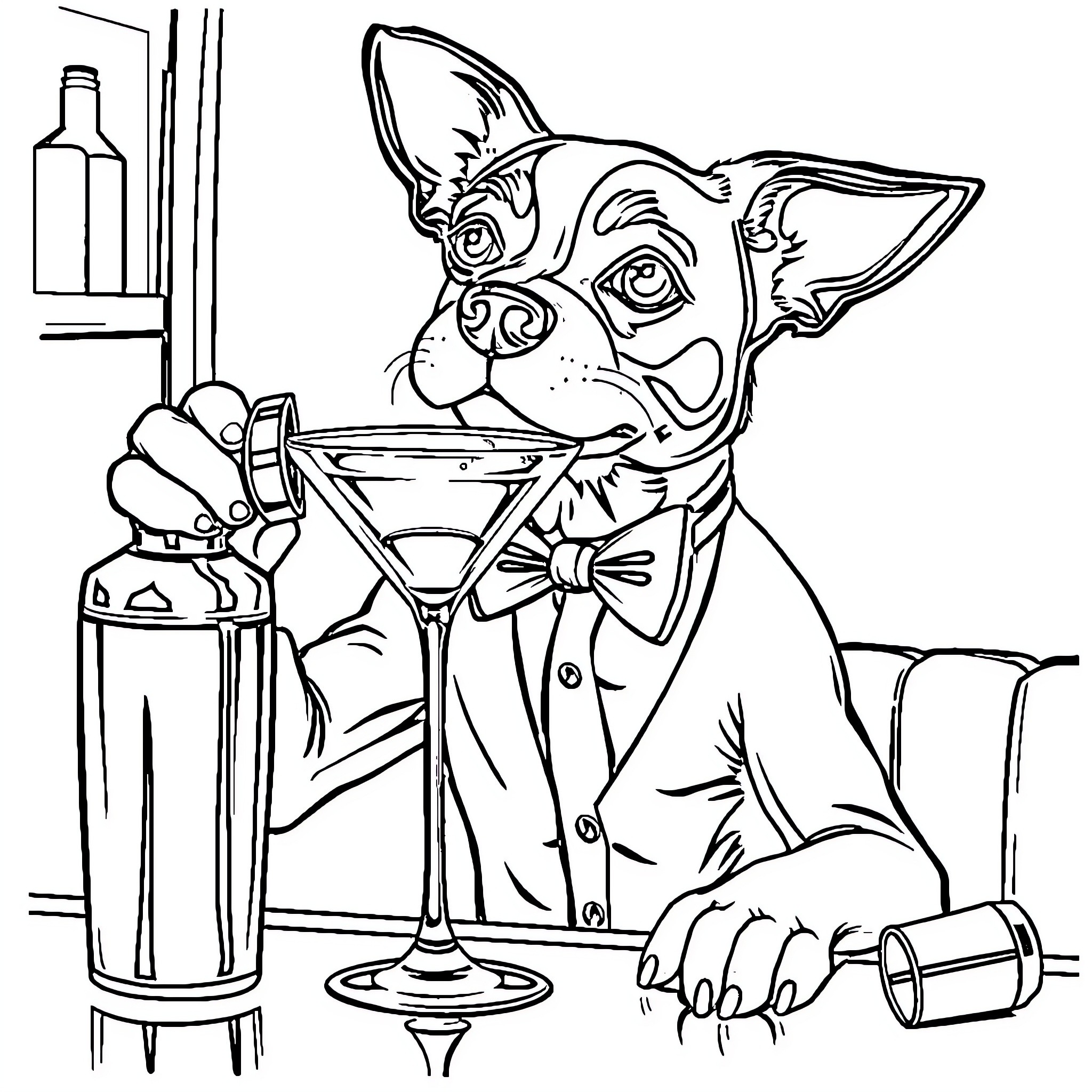 Dog enjoying cocktail at bar Coloring Page (free black-and-white line drawing printable PDF for all, from beginners to advanced learners, including children, teens, adults, and seniors)