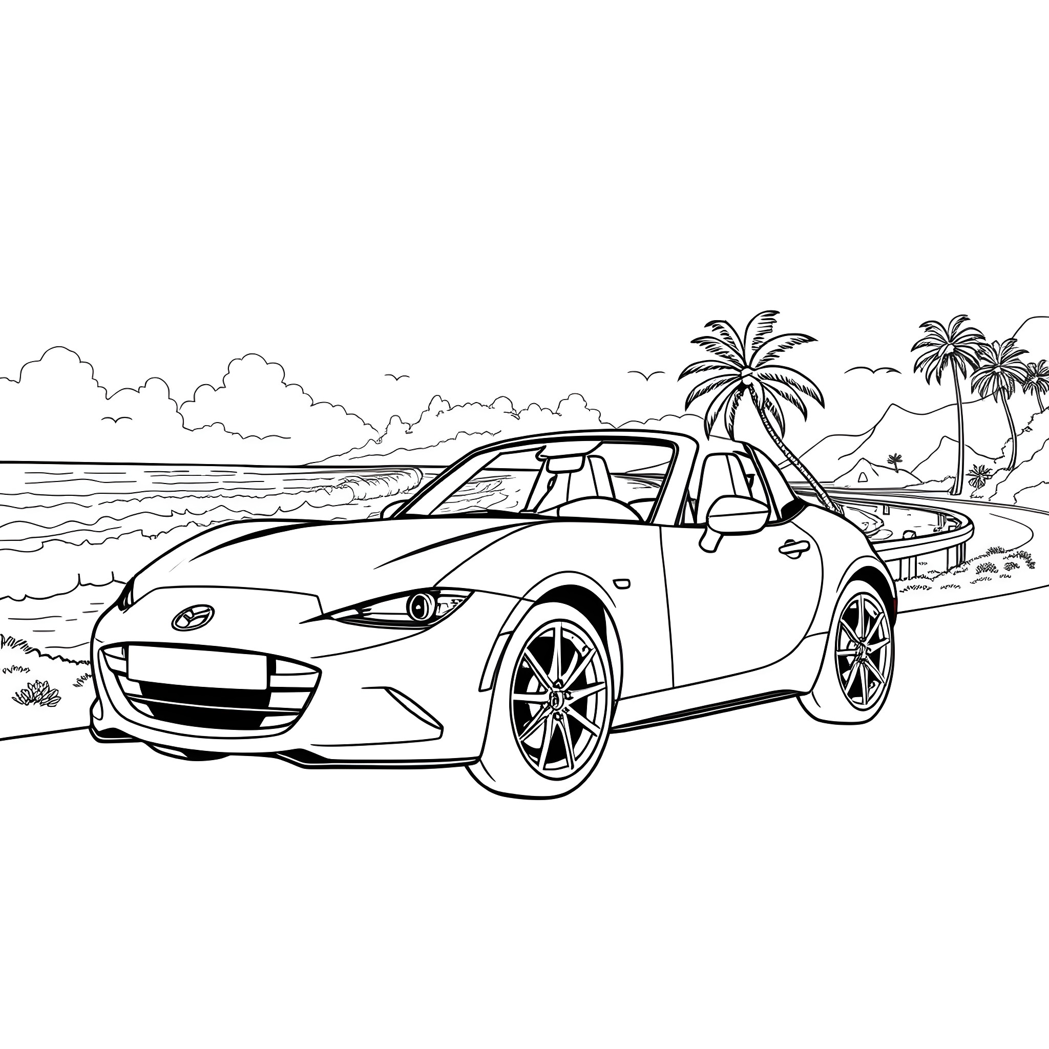 Mazda Miata enjoying a scenic beach drive Coloring Page (free black-and-white line drawing printable PDF for all, from beginners to advanced learners, including children, teens, adults, and seniors)