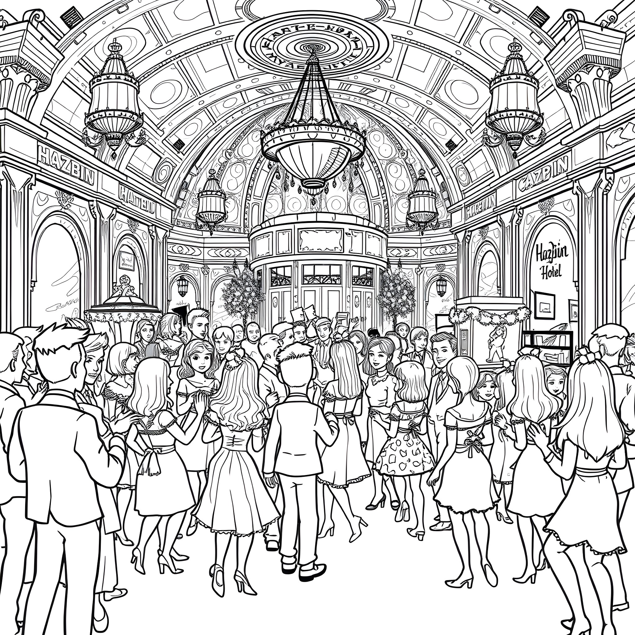 Hazbin Hotel: Crowd of diverse characters in an extravagant hotel setting Coloring Page (free black-and-white line drawing printable PDF for all, from beginners to advanced learners, including children, teens, adults, and seniors)