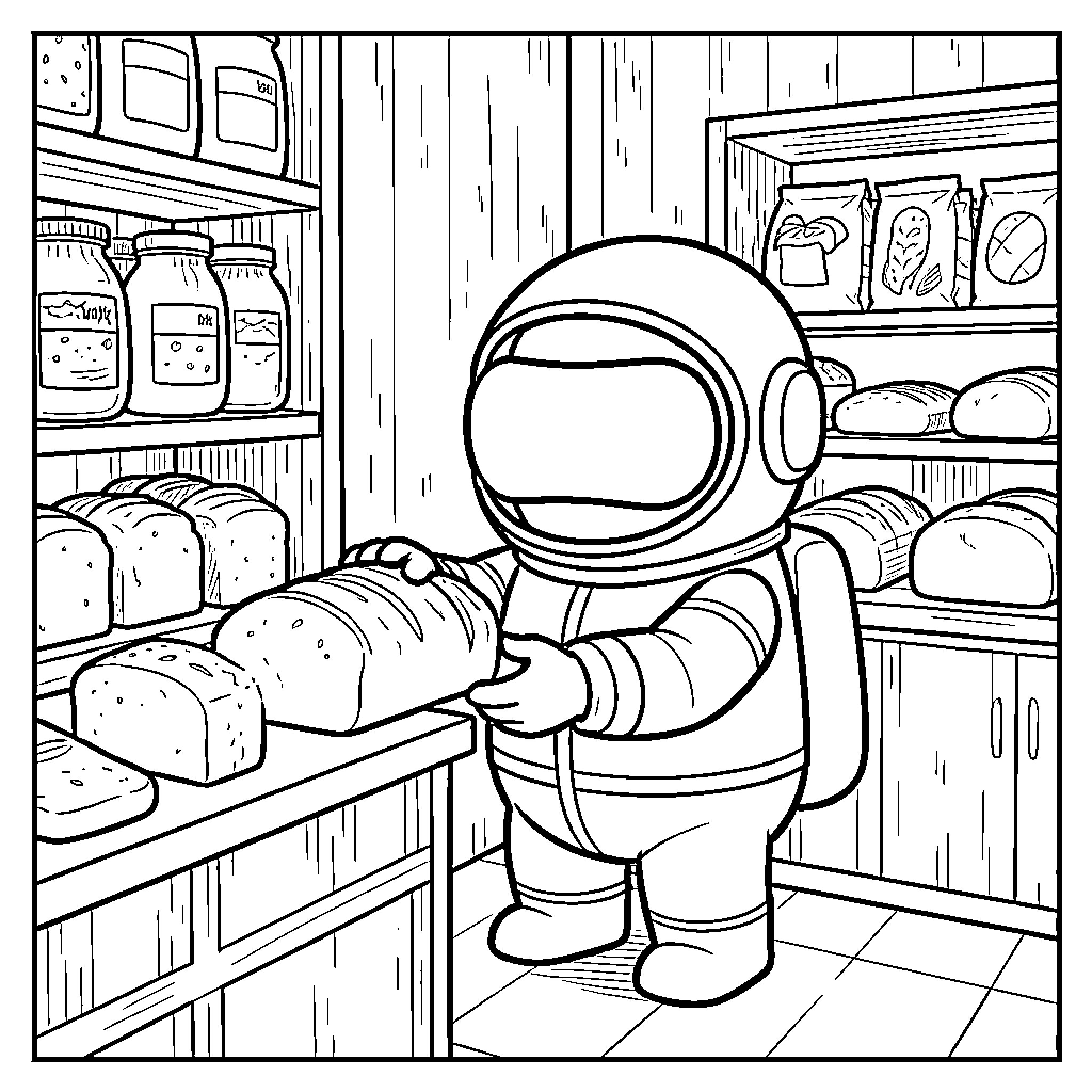 Imposter raiding the pantry for sustenance Coloring Page (free black-and-white line drawing printable PDF for all, from beginners to advanced learners, including children, teens, adults, and seniors)
