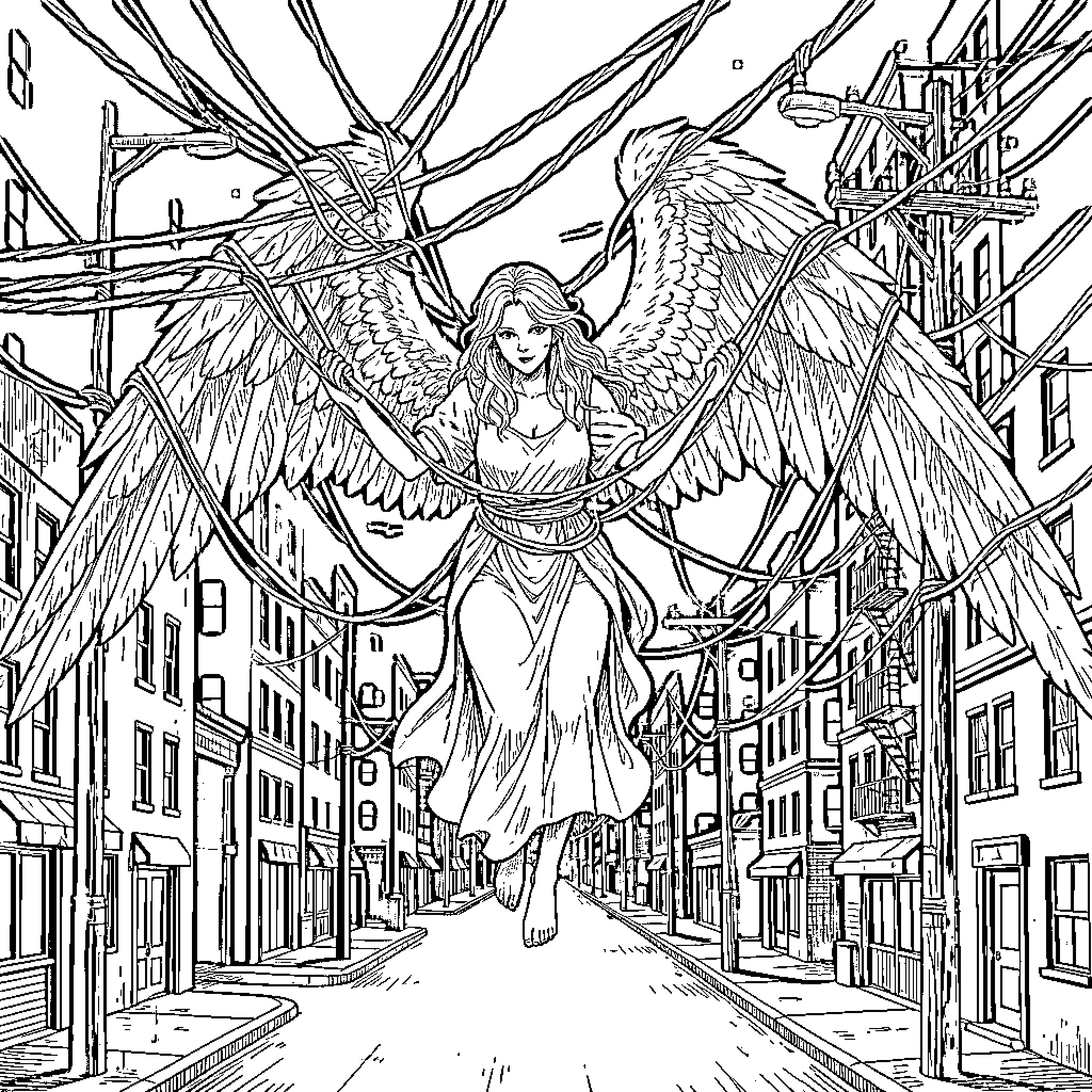 Angel with spread wings walking through a tangled wire-filled city street Coloring Page (free black-and-white line drawing printable PDF for all, from beginners to advanced learners, including children, teens, adults, and seniors)
