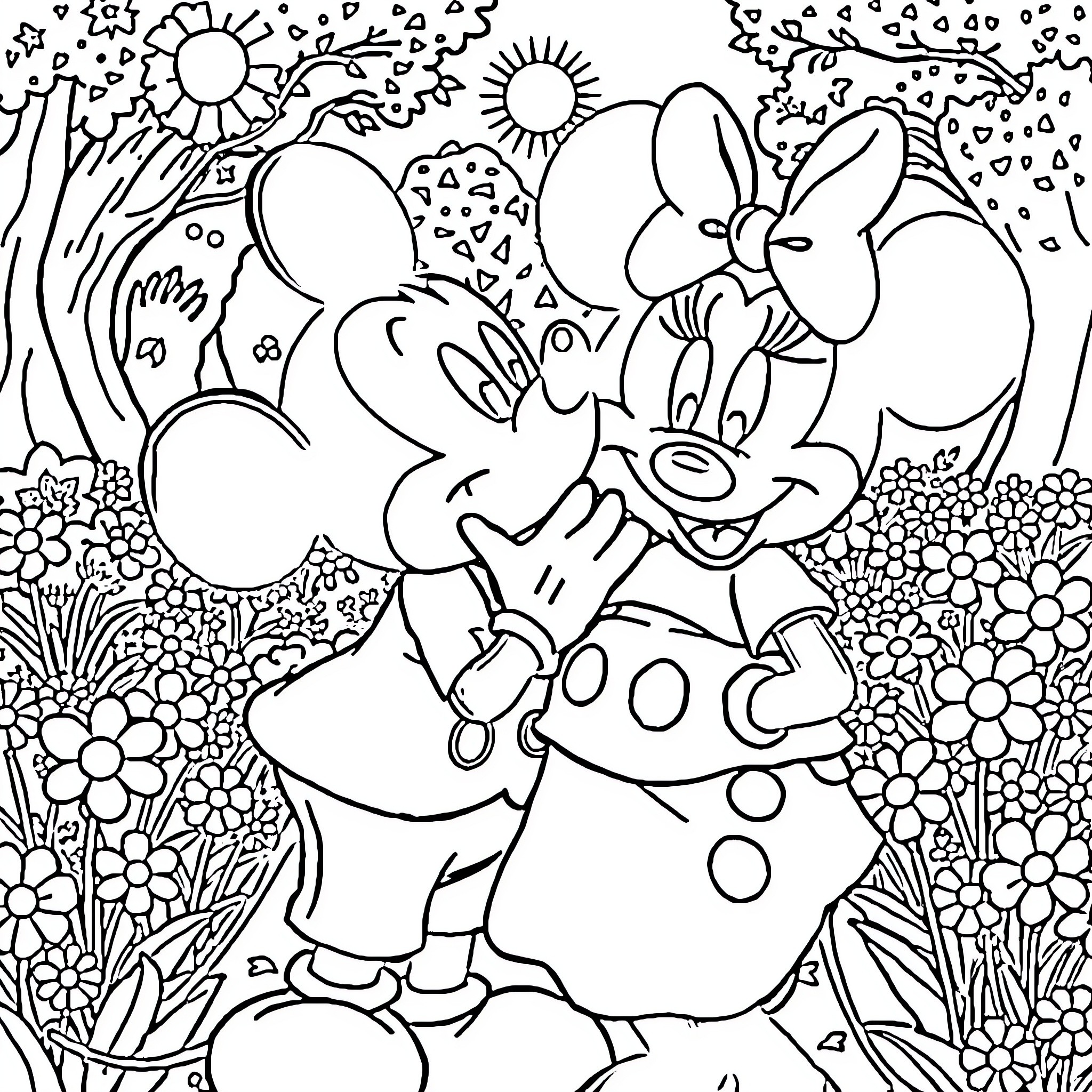 Mickey Mouse and Minnie Mouse in a whimsical floral landscape Coloring Page (free black-and-white line drawing printable PDF for all, from beginners to advanced learners, including children, teens, adults, and seniors)