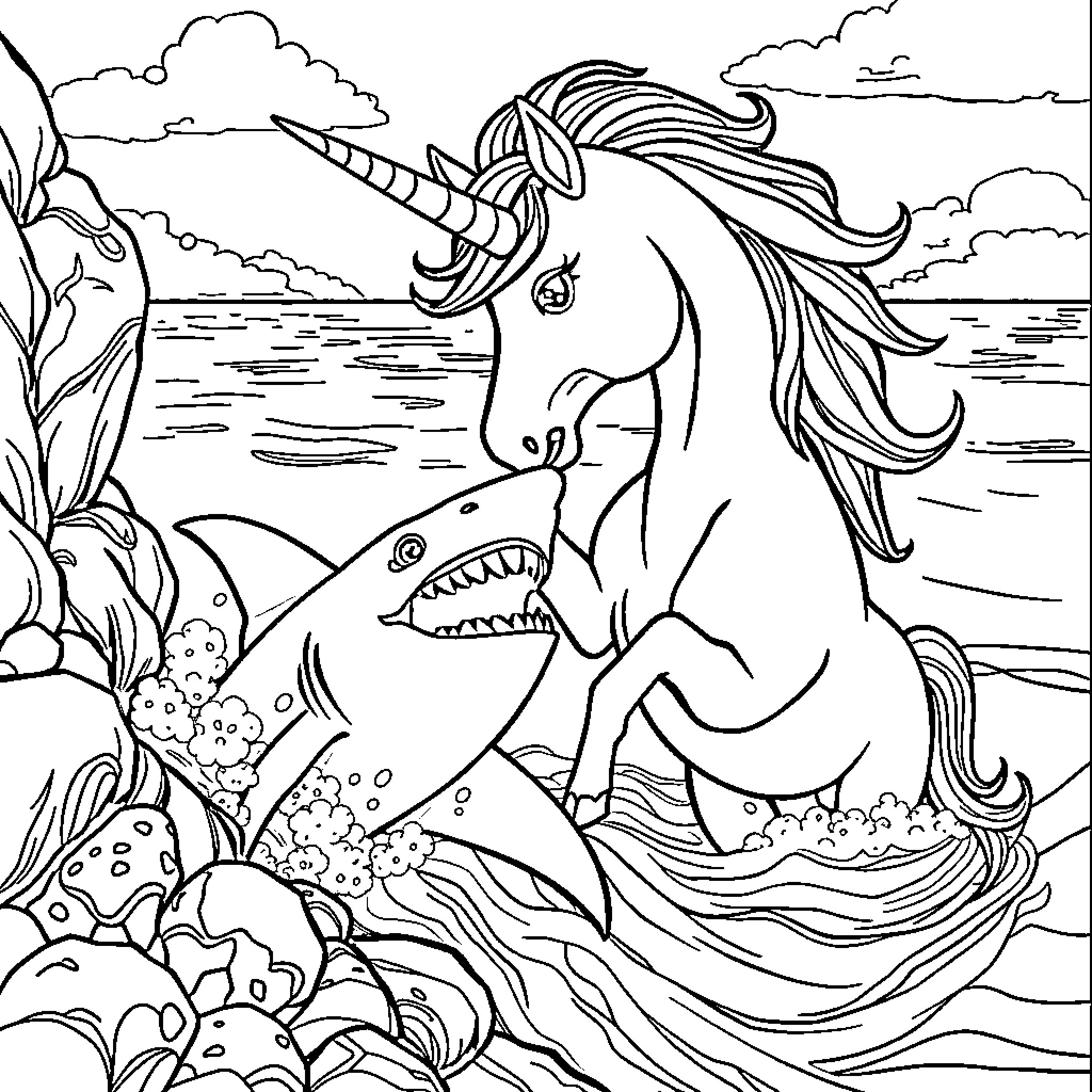 Unicorn fighting a shark in a magical underwater scene Coloring Page (free black-and-white line drawing printable PDF for all, from beginners to advanced learners, including children, teens, adults, and seniors)