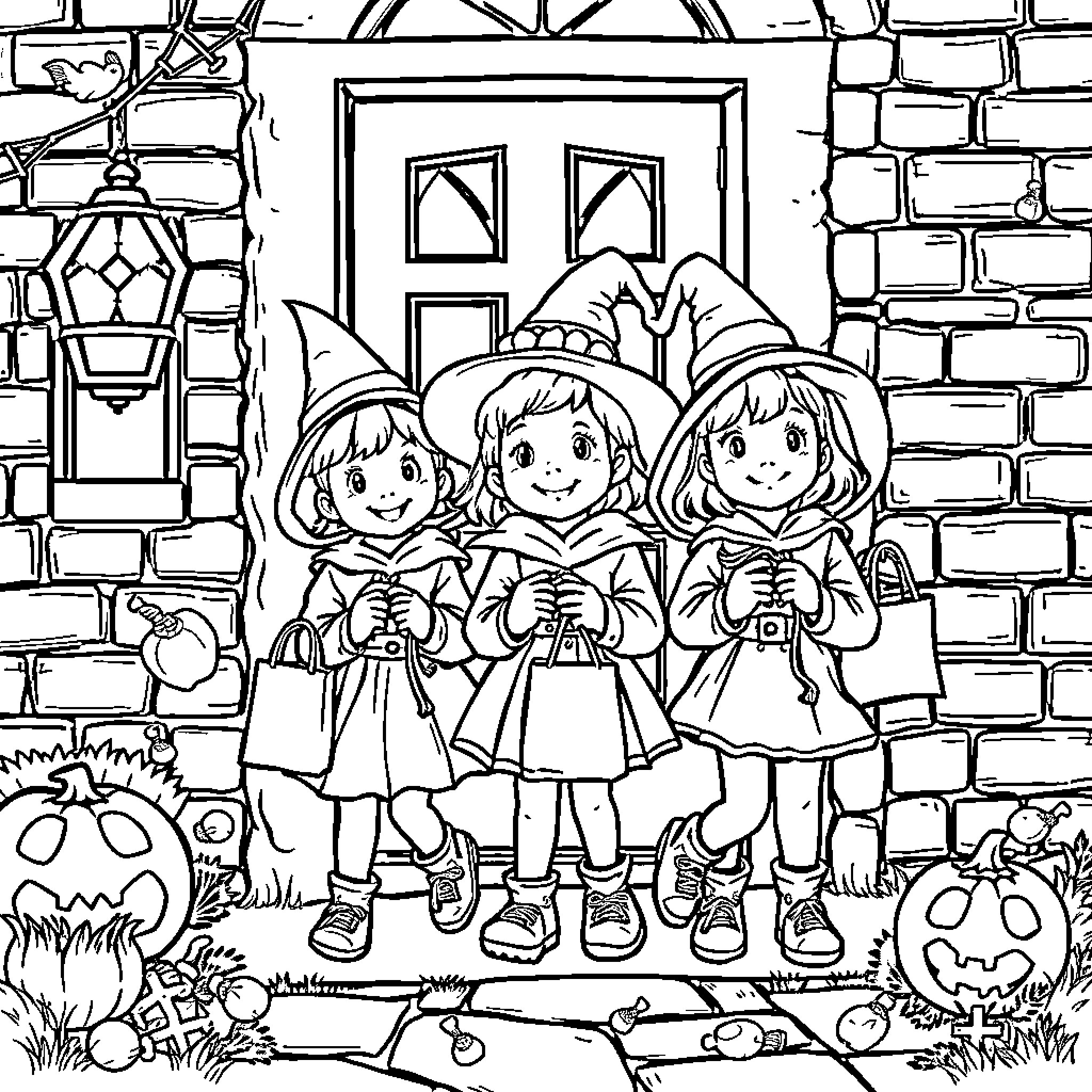 Kids Trick-or-Treating on Halloween Night Coloring Page (free black-and-white line drawing printable PDF for all, from beginners to advanced learners, including children, teens, adults, and seniors)