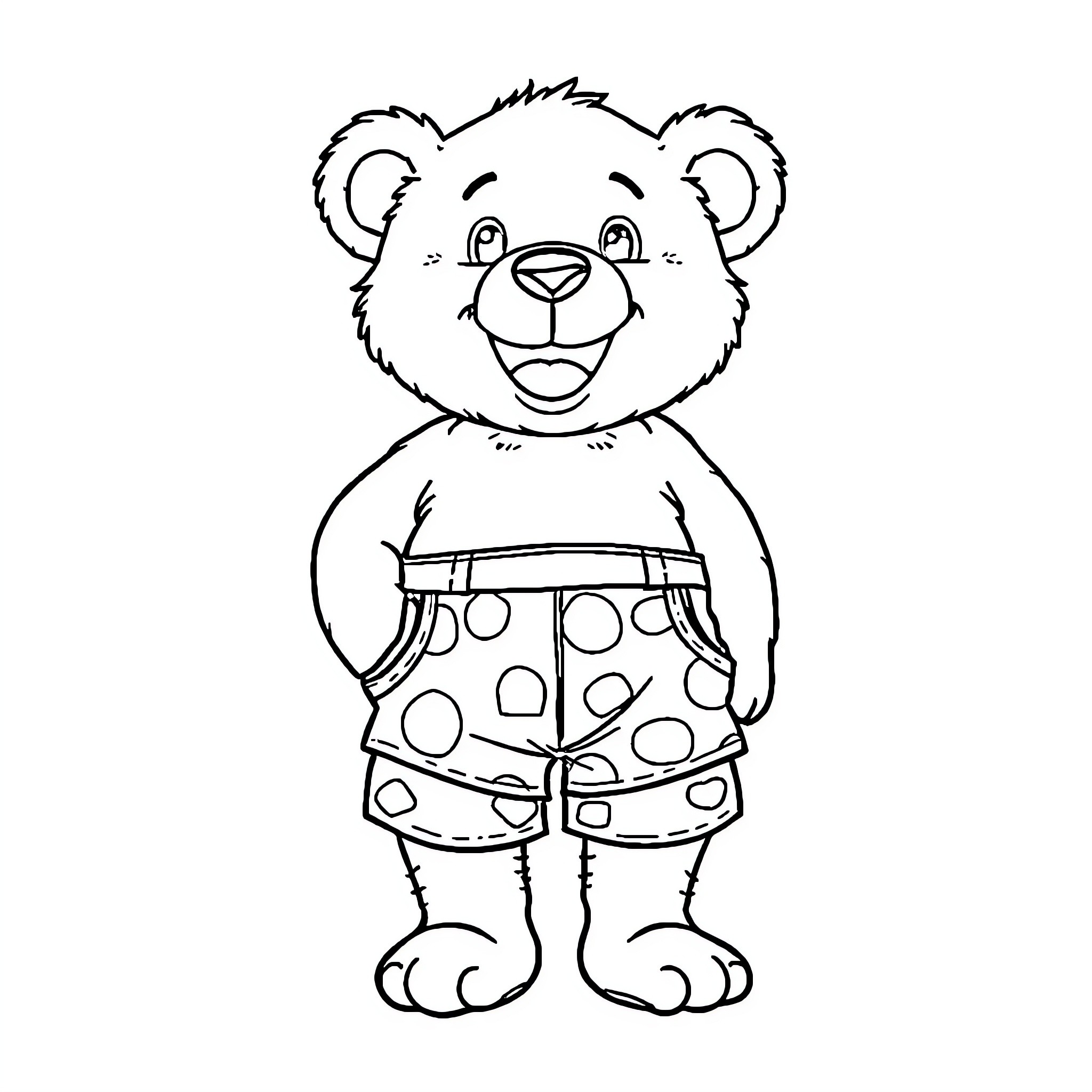 Teddy Bear Wearing Polka Dot Outfit Coloring Page (free black-and-white line drawing printable PDF for all, from beginners to advanced learners, including children, teens, adults, and seniors)