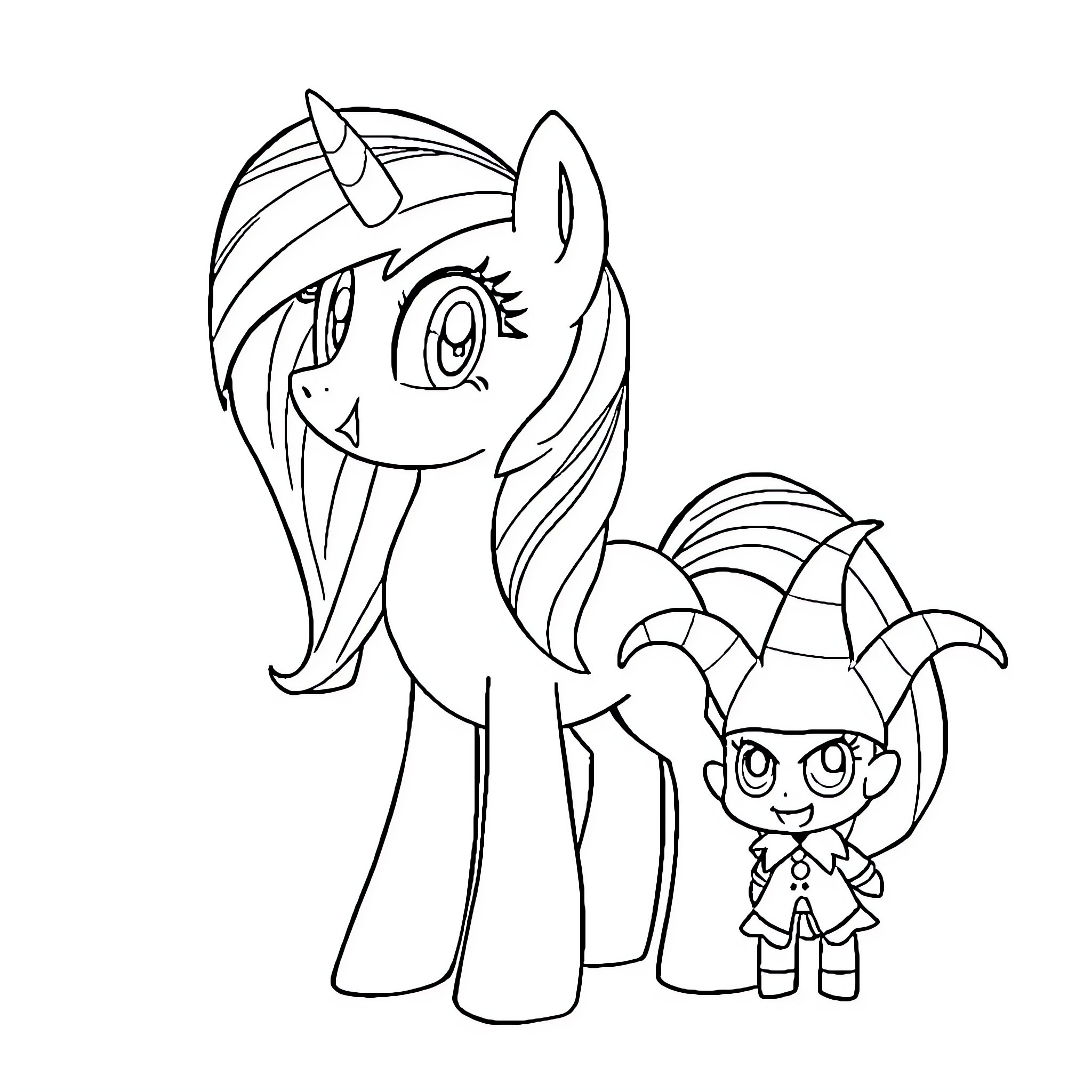 Rainbow Dash smiles and stands with a child Coloring Page (free black-and-white line drawing printable PDF for all, from beginners to advanced learners, including children, teens, adults, and seniors)