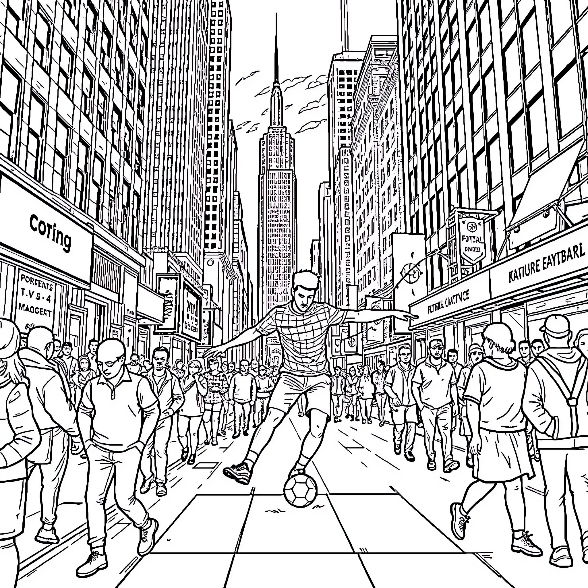 Man playing soccer in busy city street Coloring Page (free black-and-white line drawing printable PDF for all, from beginners to advanced learners, including children, teens, adults, and seniors)
