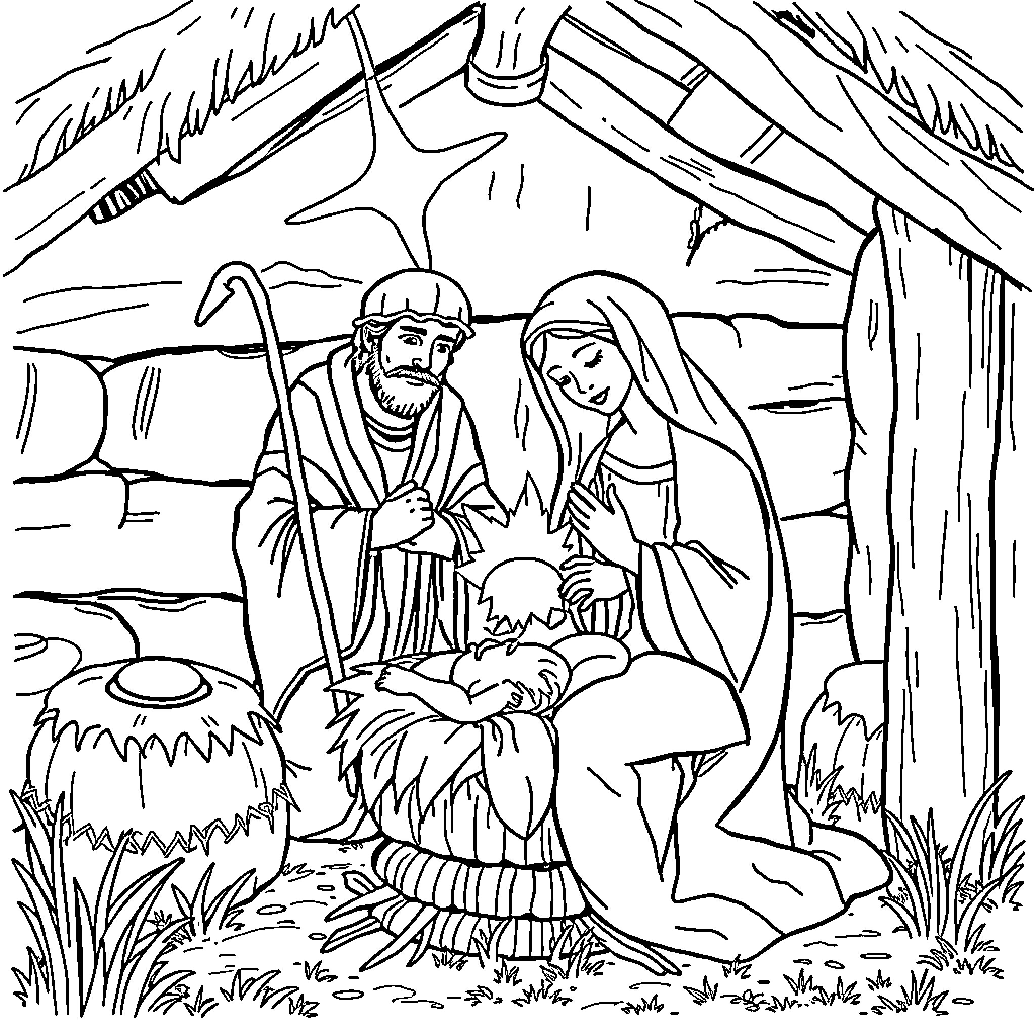 Marie's Family in the Nativity Scene Coloring Page (free black-and-white line drawing printable PDF for all, from beginners to advanced learners, including children, teens, adults, and seniors)