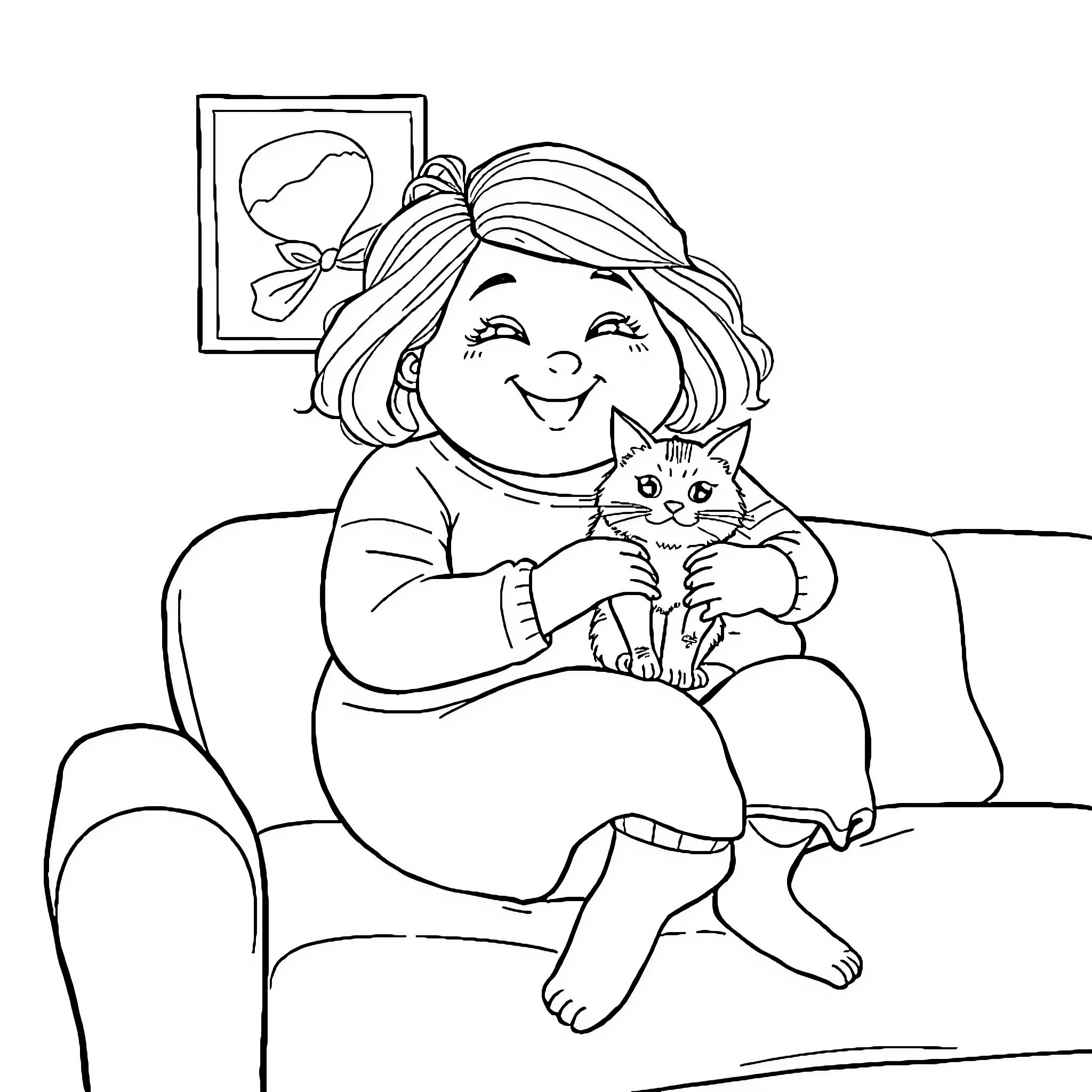 Girl cuddling her pet cat on the couch Coloring Page (free black-and-white line drawing printable PDF for all, from beginners to advanced learners, including children, teens, adults, and seniors)