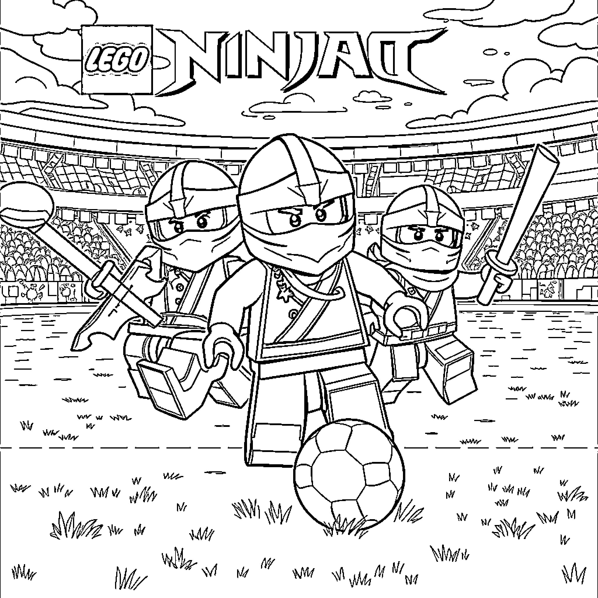 Lego Ninjago ninjas in action on the battlefield Coloring Page (free black-and-white line drawing printable PDF for all, from beginners to advanced learners, including children, teens, adults, and seniors)