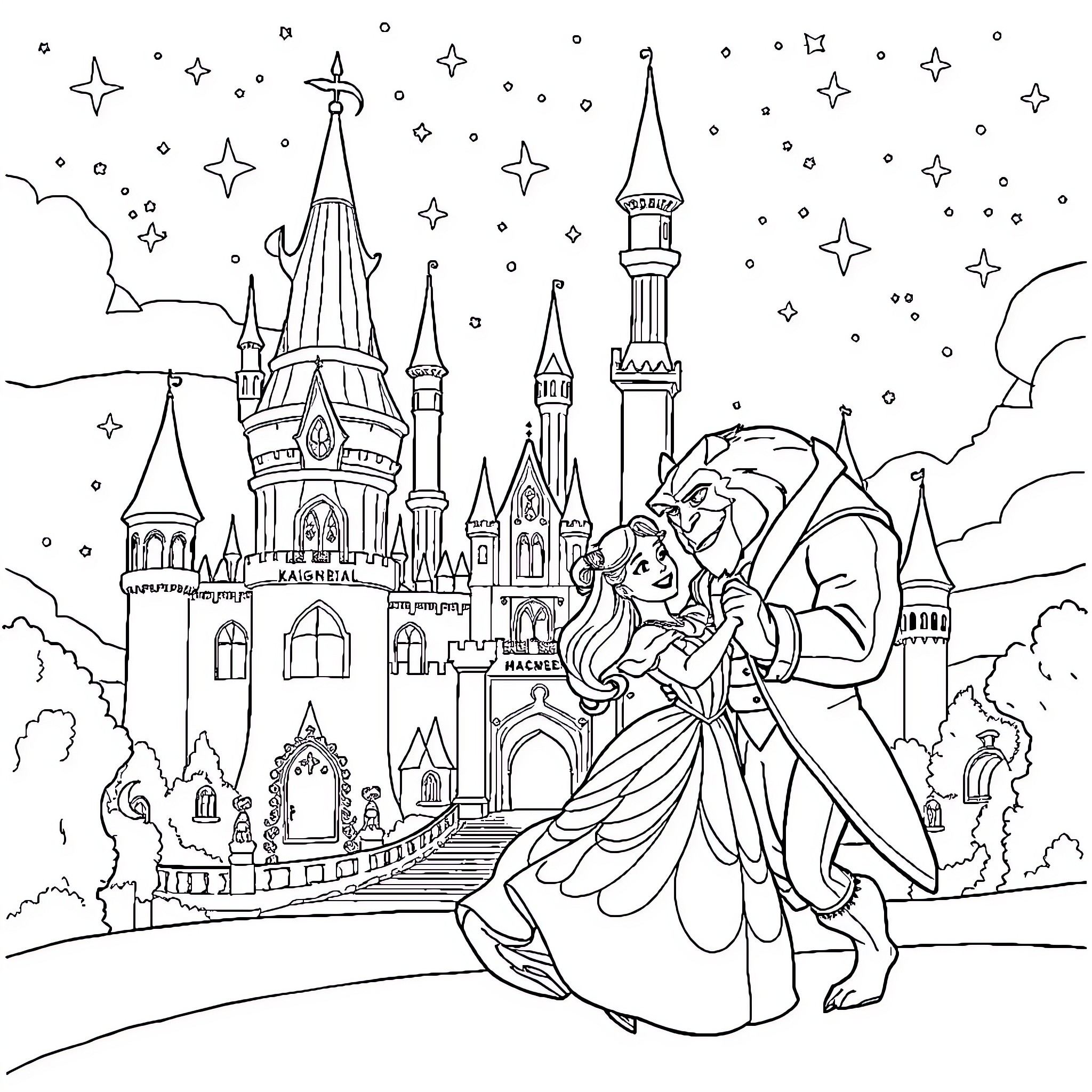 Beauty And The Beast Dancing In Front Of A Magical Castle Coloring Page (free black-and-white line drawing printable PDF for all, from beginners to advanced learners, including children, teens, adults, and seniors)