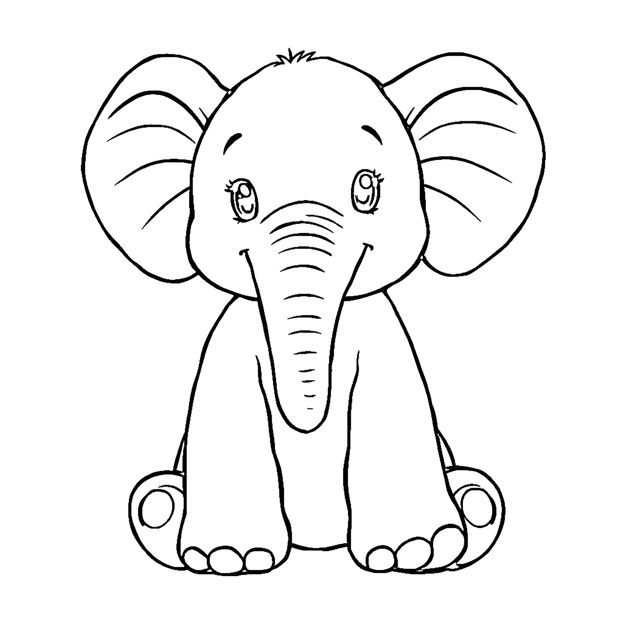 Elephant with a cheerful expression Coloring Page (free black-and-white line drawing printable PDF for all, from beginners to advanced learners, including children, teens, adults, and seniors)
