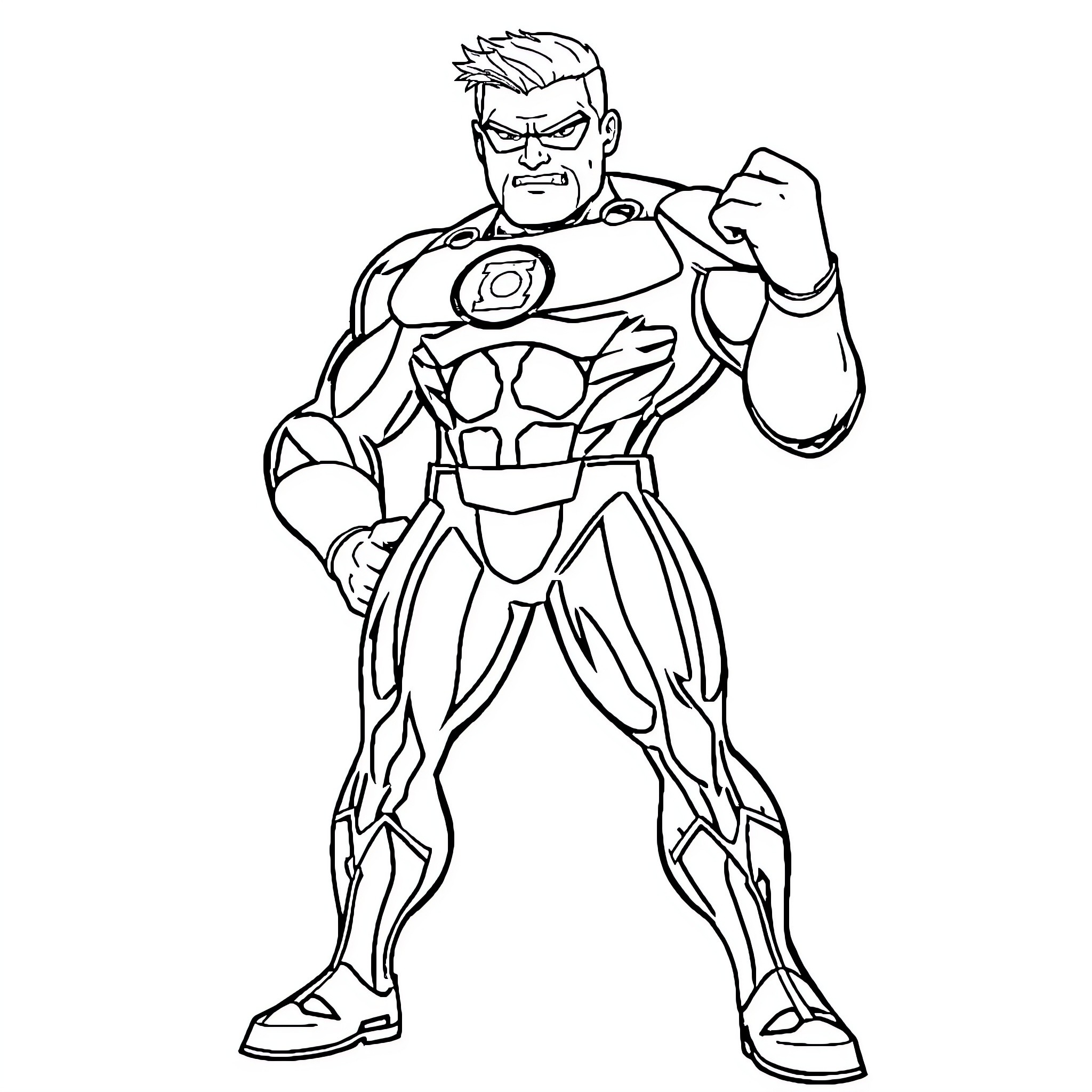 Guy Gardner in Superhero Pose with Clenched Fist Coloring Page (free black-and-white line drawing printable PDF for all, from beginners to advanced learners, including children, teens, adults, and seniors)