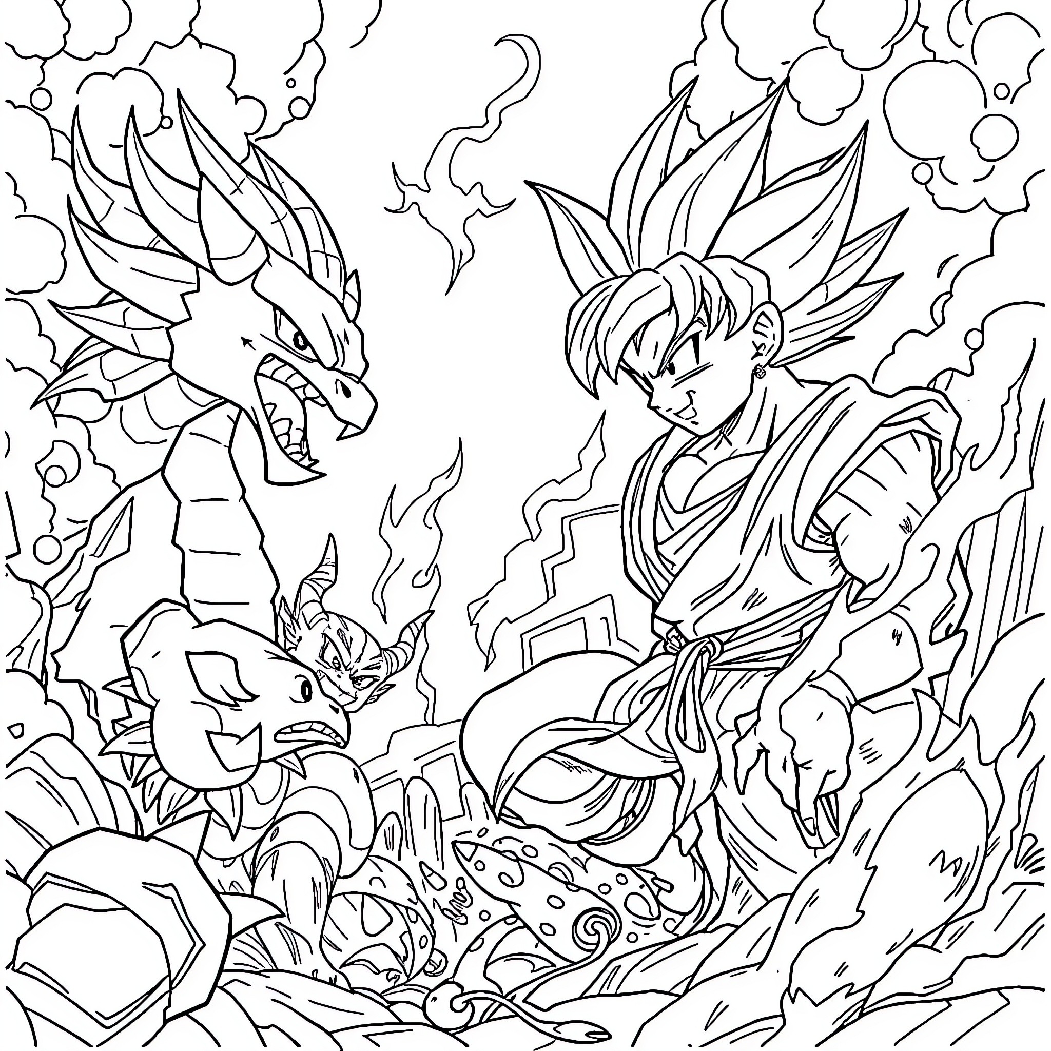 Dragon Ball Epic Battle with Powerful Fighters and Mythical Creatures Coloring Page (free black-and-white line drawing printable PDF for all, from beginners to advanced learners, including children, teens, adults, and seniors)