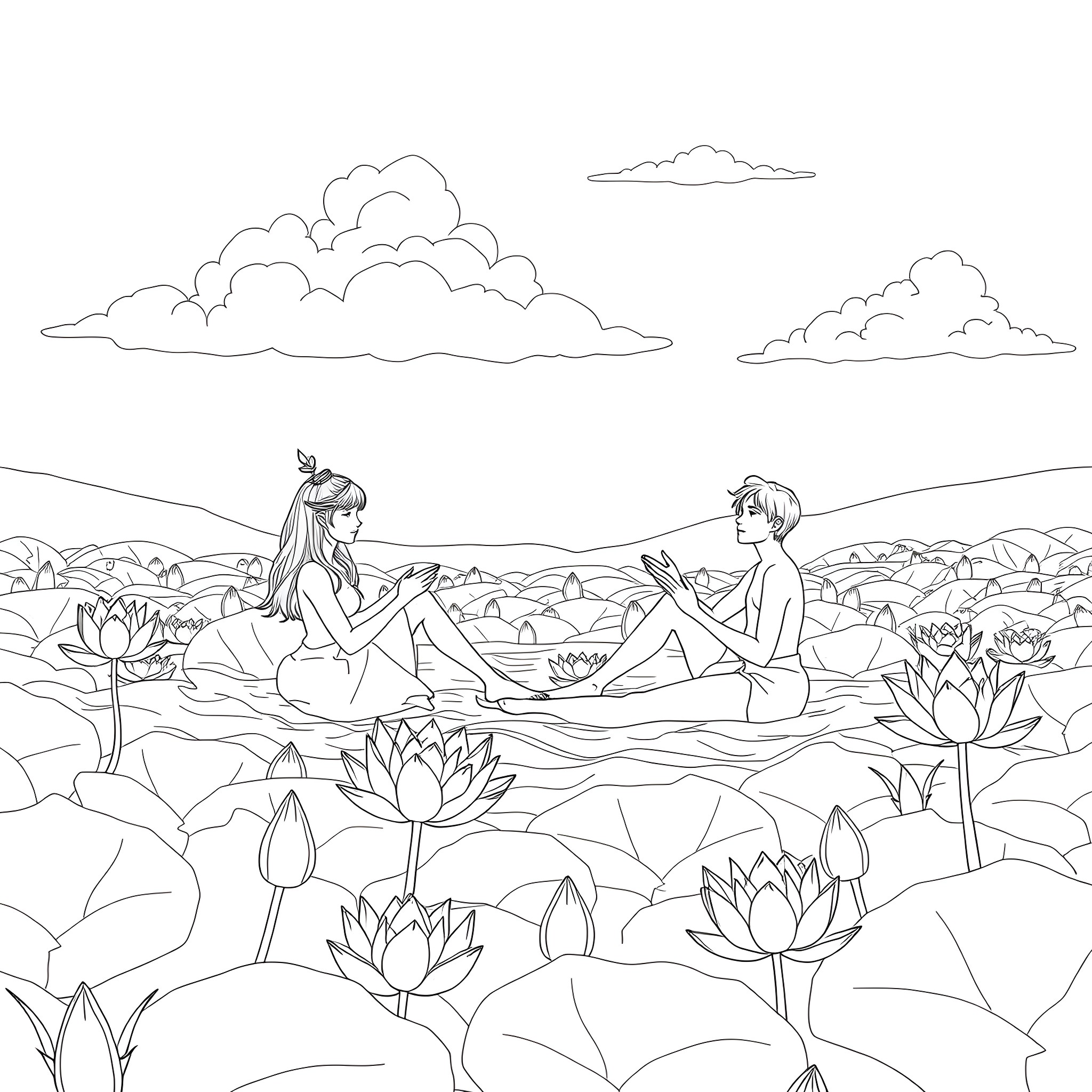 Lotus Eater companions resting in a serene pond Coloring Page (free black-and-white line drawing printable PDF for all, from beginners to advanced learners, including children, teens, adults, and seniors)