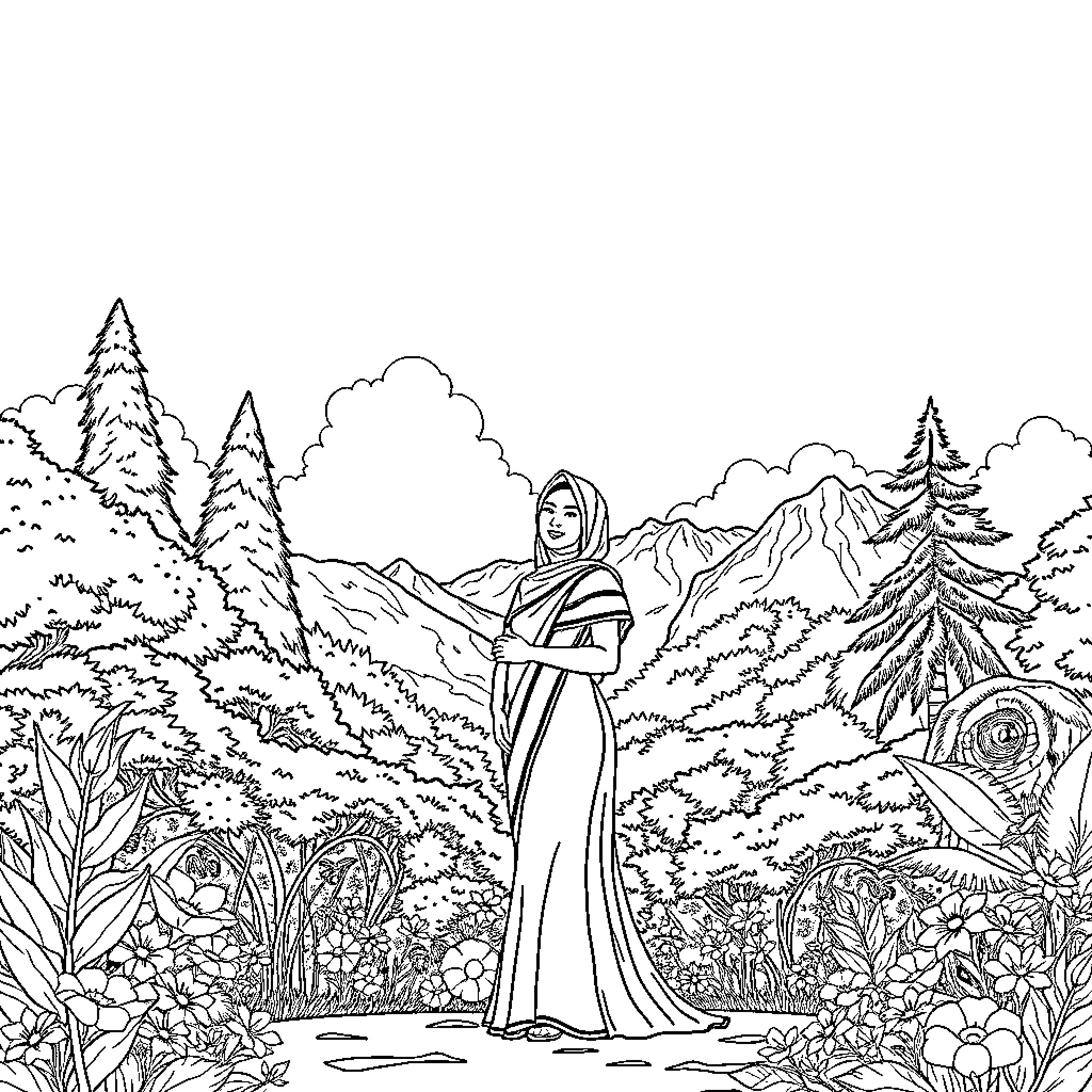 Princess exploring enchanted forest landscape Coloring Page (free black-and-white line drawing printable PDF for all, from beginners to advanced learners, including children, teens, adults, and seniors)