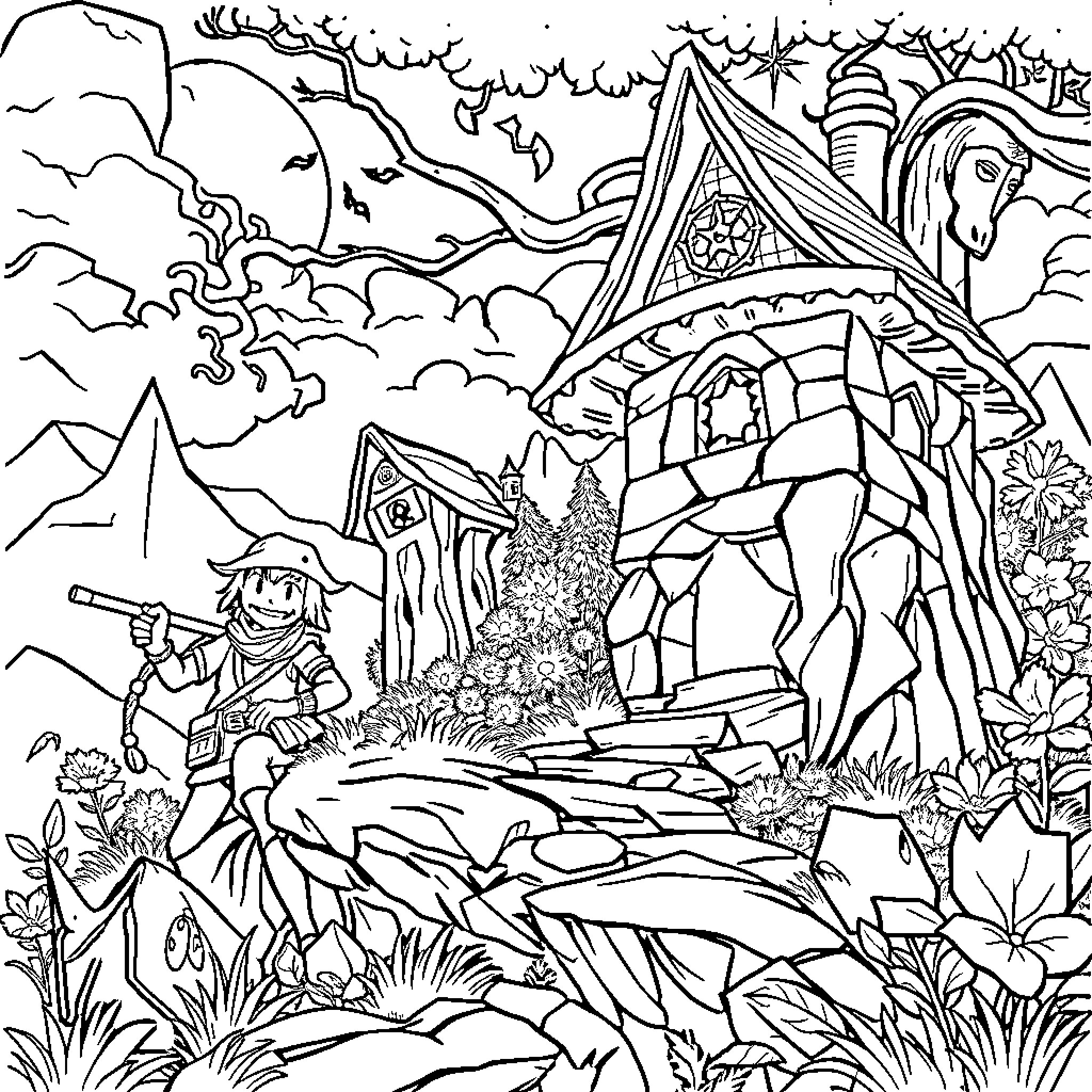 Huntrix in a fantastical woodland landscape Coloring Page (free black-and-white line drawing printable PDF for all, from beginners to advanced learners, including children, teens, adults, and seniors)