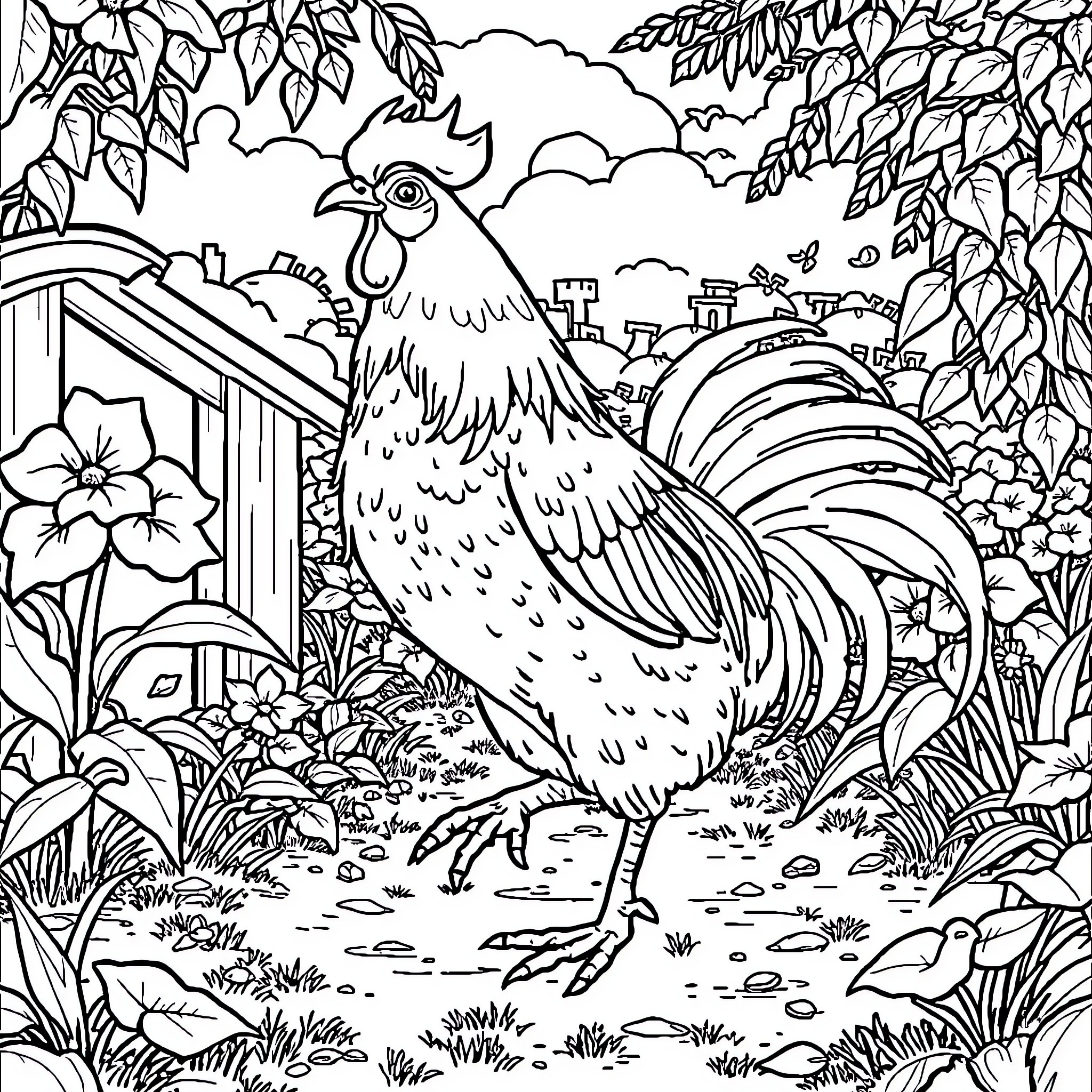 Chicken perched amidst lush garden scenery Coloring Page (free black-and-white line drawing printable PDF for all, from beginners to advanced learners, including children, teens, adults, and seniors)