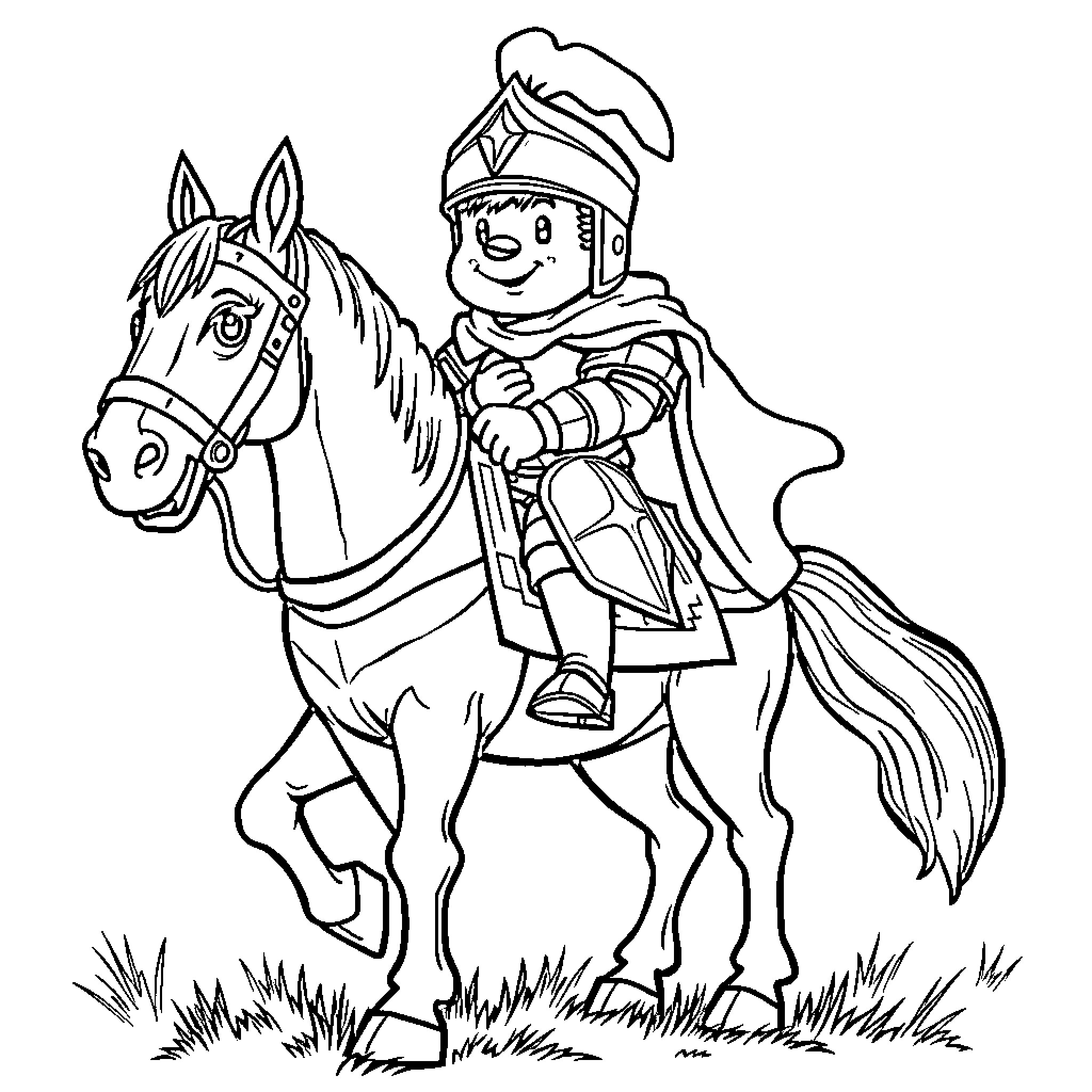 Freddy the Brave Knight Riding His Steed Coloring Page (free black-and-white line drawing printable PDF for all, from beginners to advanced learners, including children, teens, adults, and seniors)