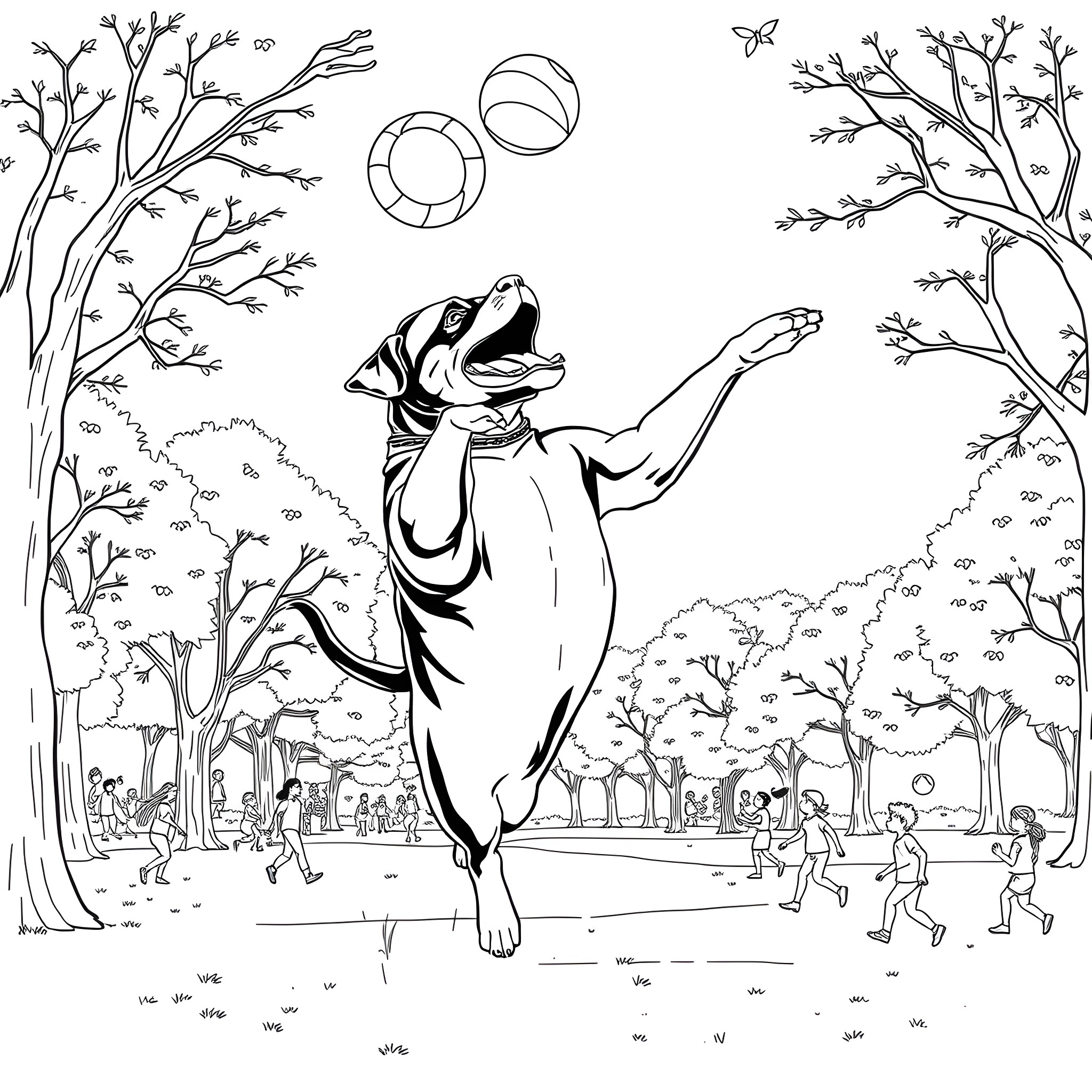Rottweiler playing joyfully in the park Coloring Page (free black-and-white line drawing printable PDF for all, from beginners to advanced learners, including children, teens, adults, and seniors)