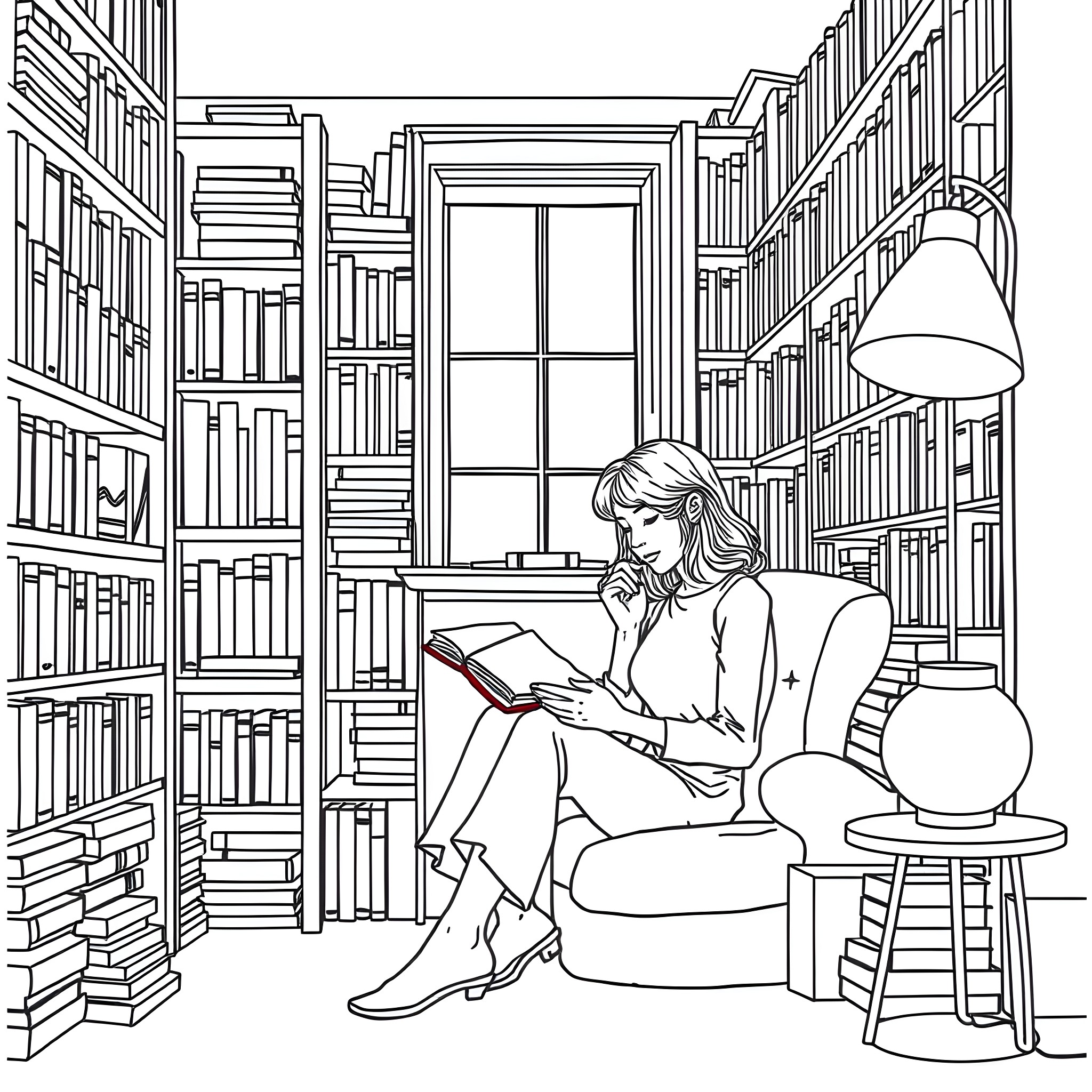 Woman reading a book in a cozy library Coloring Page (free black-and-white line drawing printable PDF for all, from beginners to advanced learners, including children, teens, adults, and seniors)