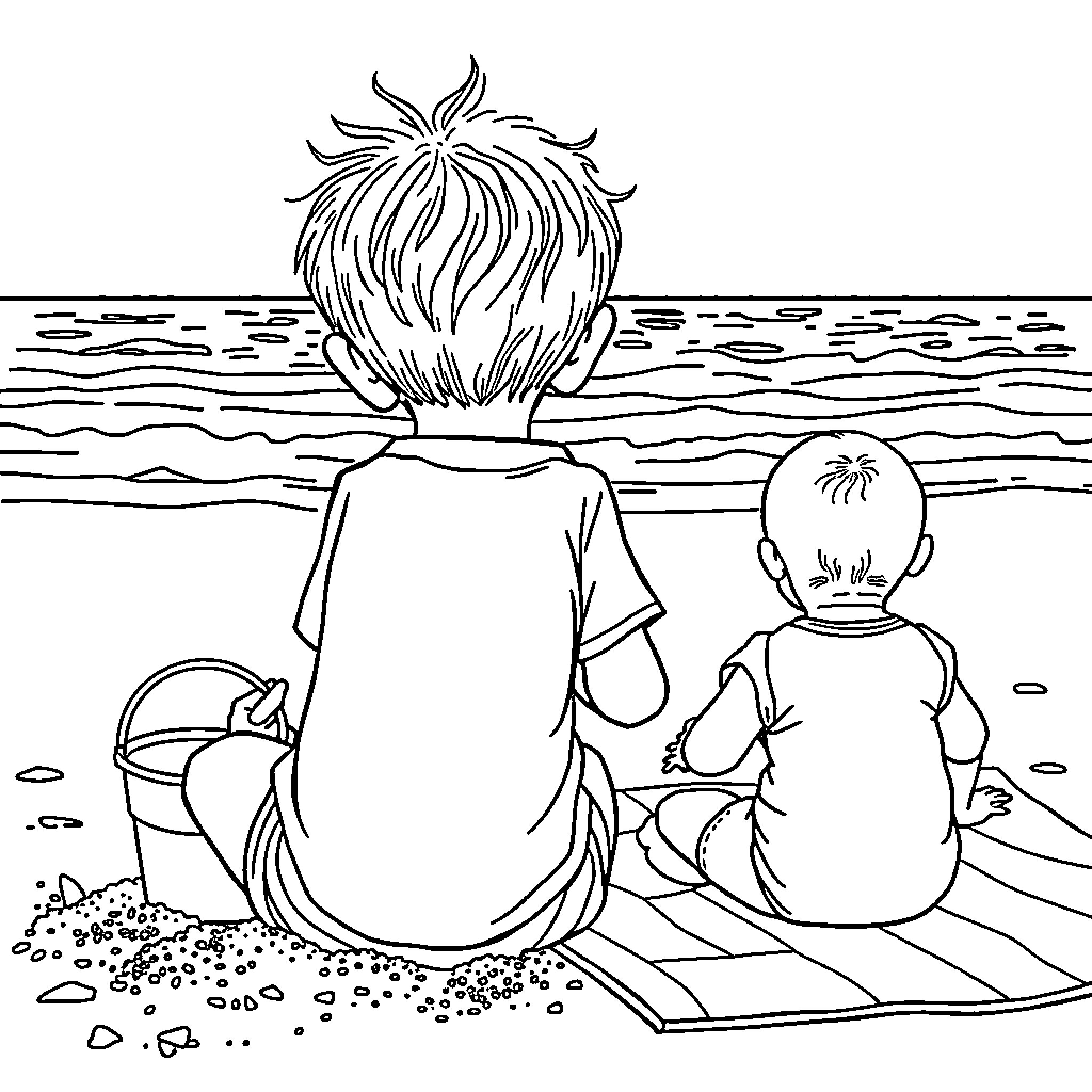 Boy and child playing on the beach Coloring Page (free black-and-white line drawing printable PDF for all, from beginners to advanced learners, including children, teens, adults, and seniors)